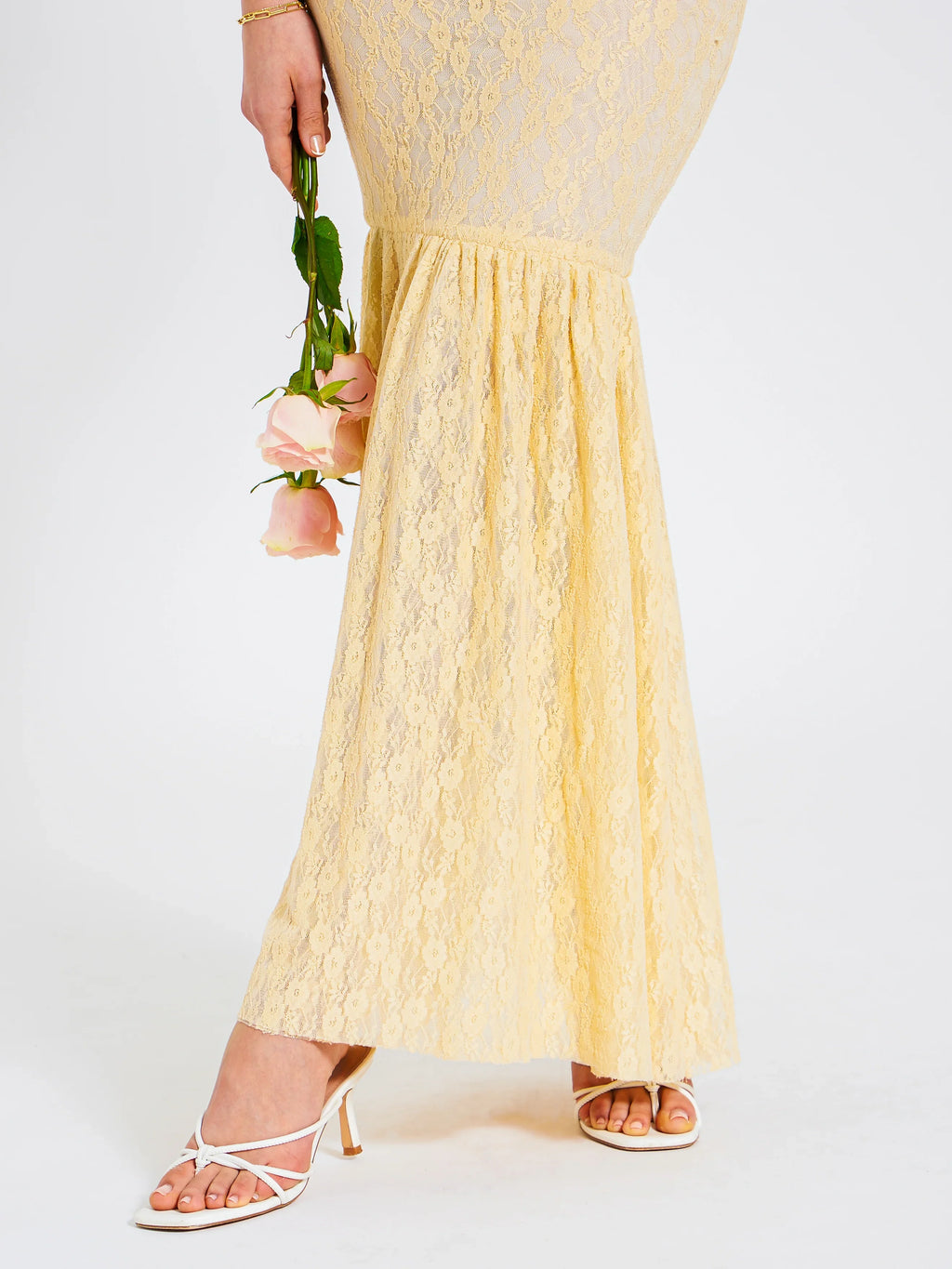 Ersilia Pale Yellow Satin Lace Peplum Corset Off Shoulder Maxi Dress