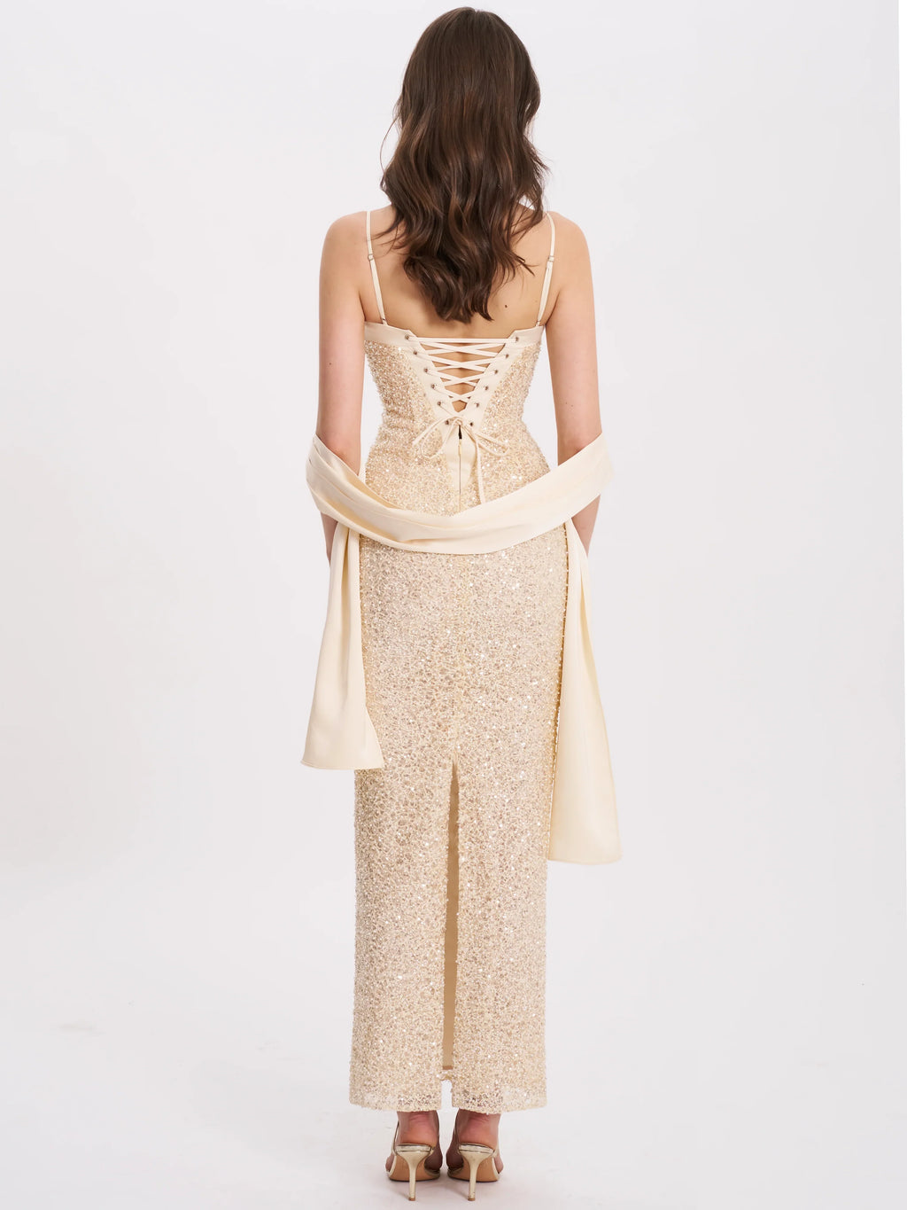 Raizel Gold Beaded Sequin Bodycon Gown with Scarf
