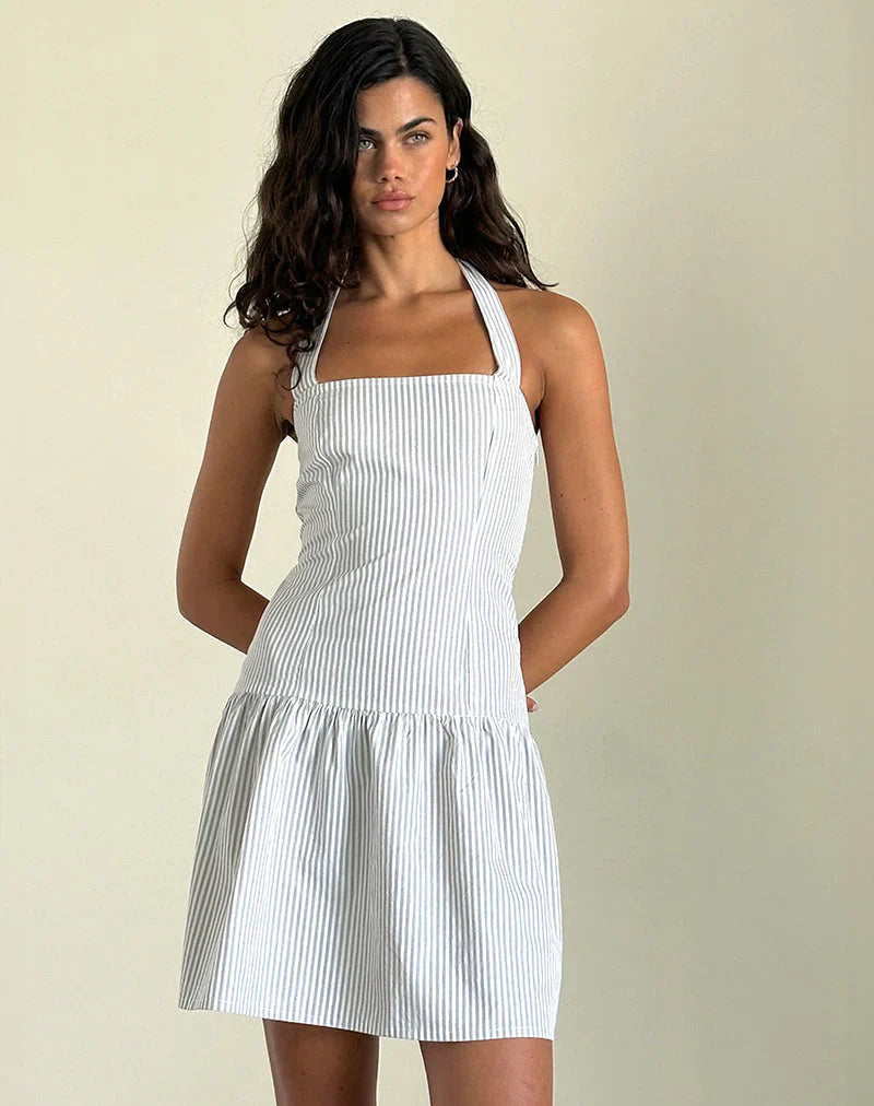 Panja Mini Halter Dress in Small Stripe Vertical Grey