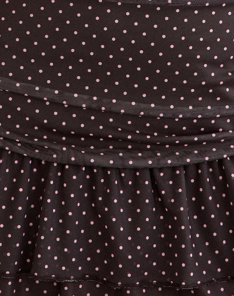 Mowgli Cap Sleeve Mini Dress in Brown with Micro Polka Pink Print