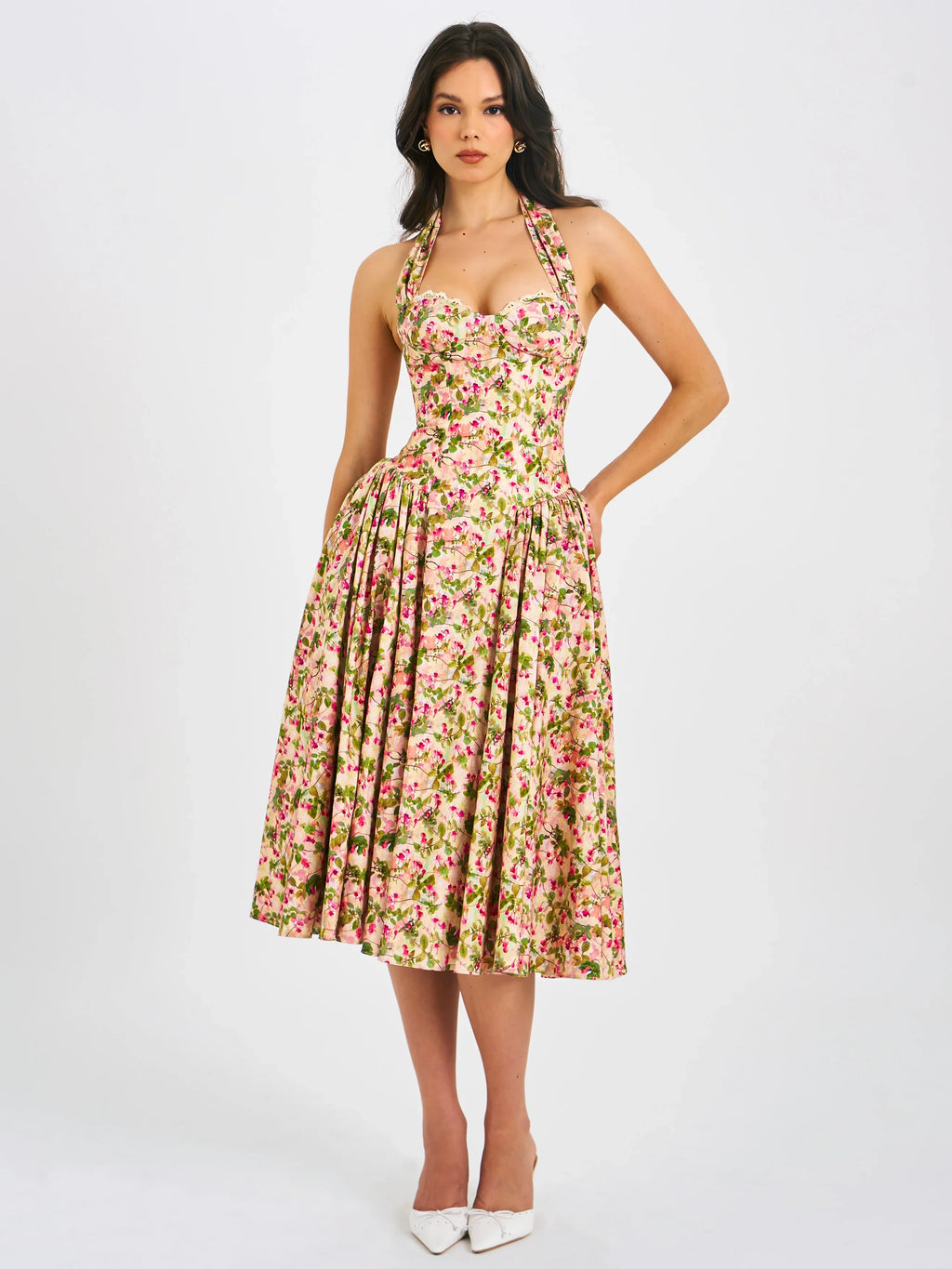 Niya Floral Print Linen Halter Corset Maxi Dress