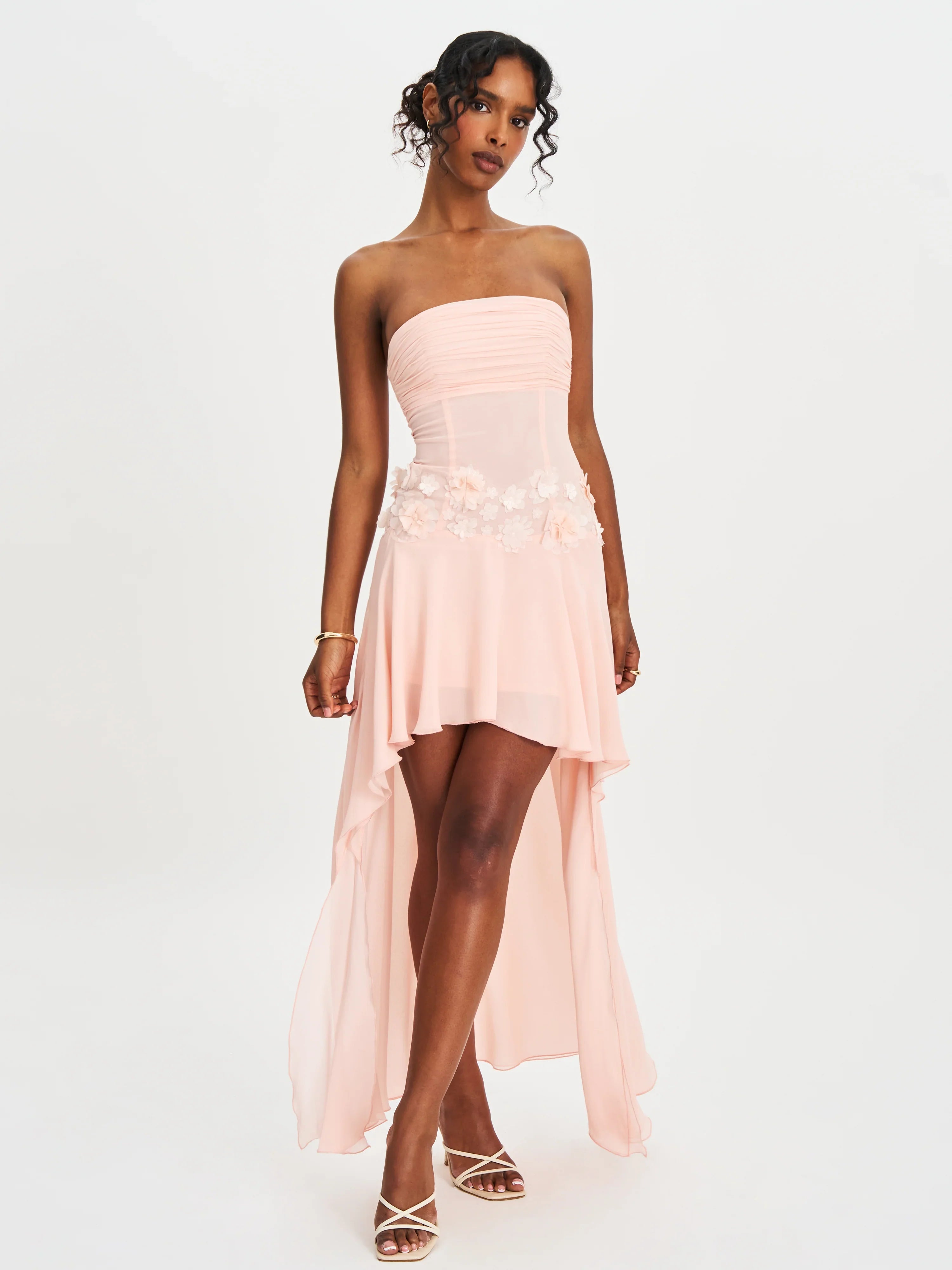 Mae Pink Ruched Breast Appliqué Trim Trailing Dress