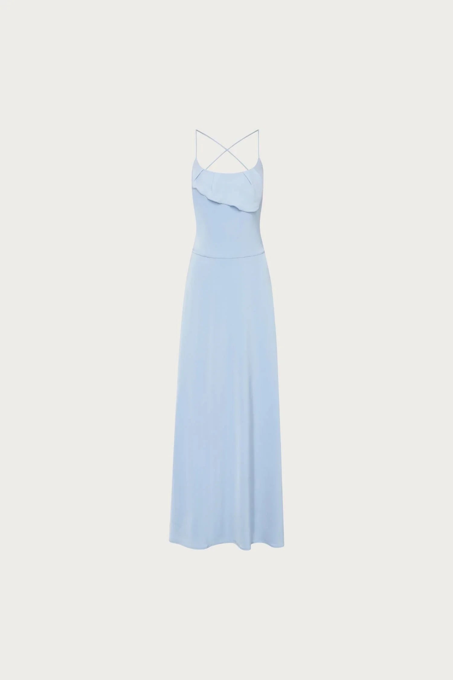 Pre-order: Frill Backless Maxi Dress | Baby Blue Satin