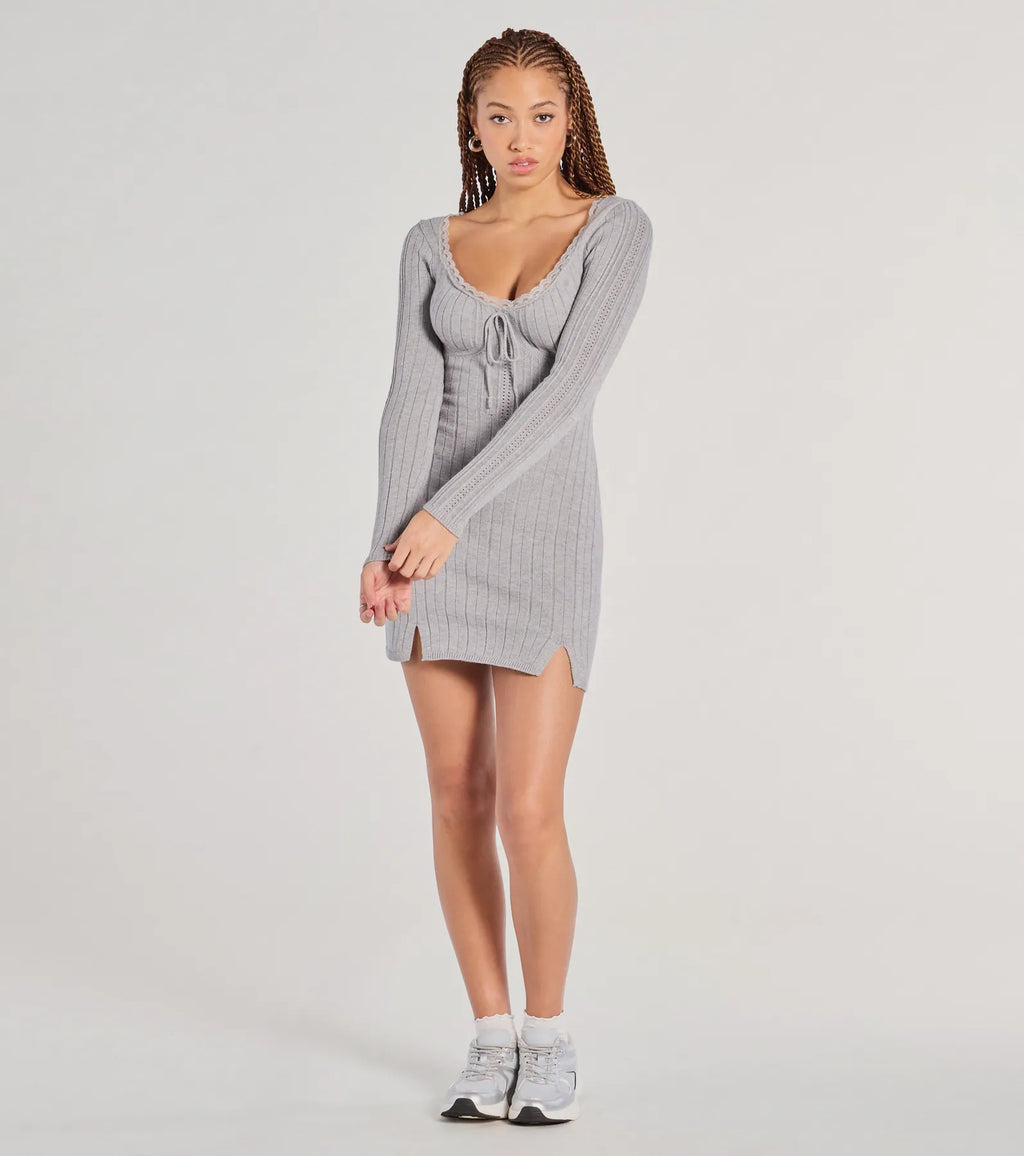Such A Flirt Lace Trim Scoop Neck Knit Mini Dress
