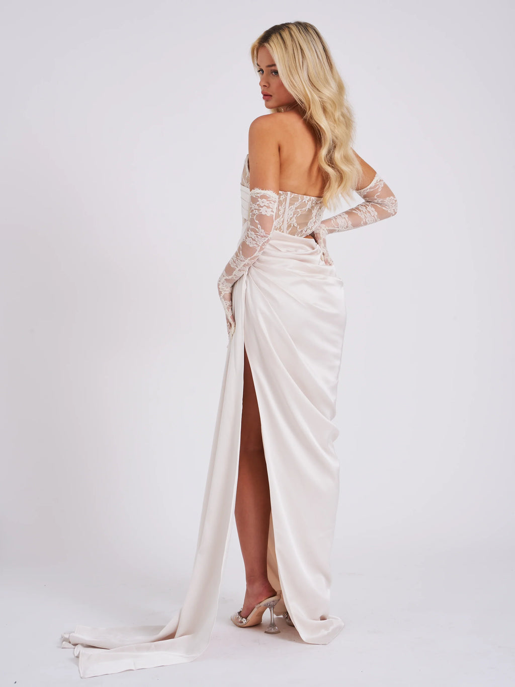 Callie Pearl White Lace Satin Corset High Slit Gown