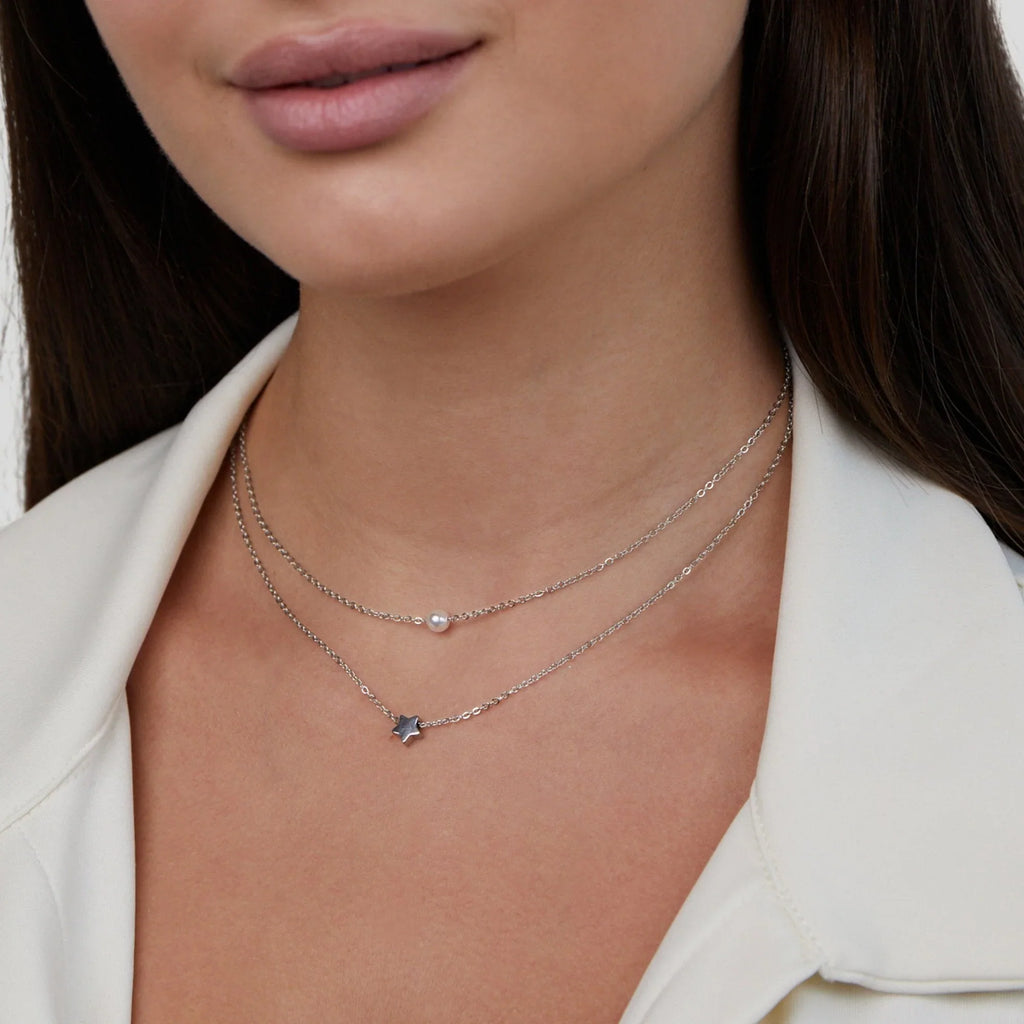 Vioraia Layered Silver Star & Pearl Necklace