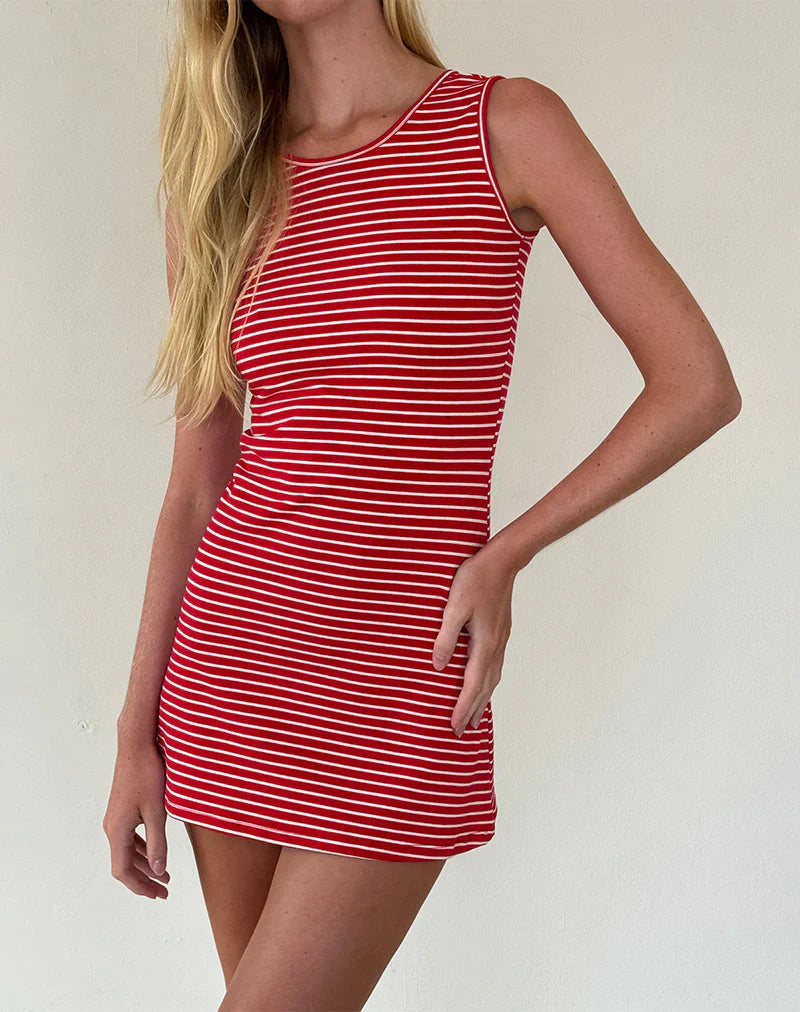 Masha Mini Dress in Red and White Stripe Jersey