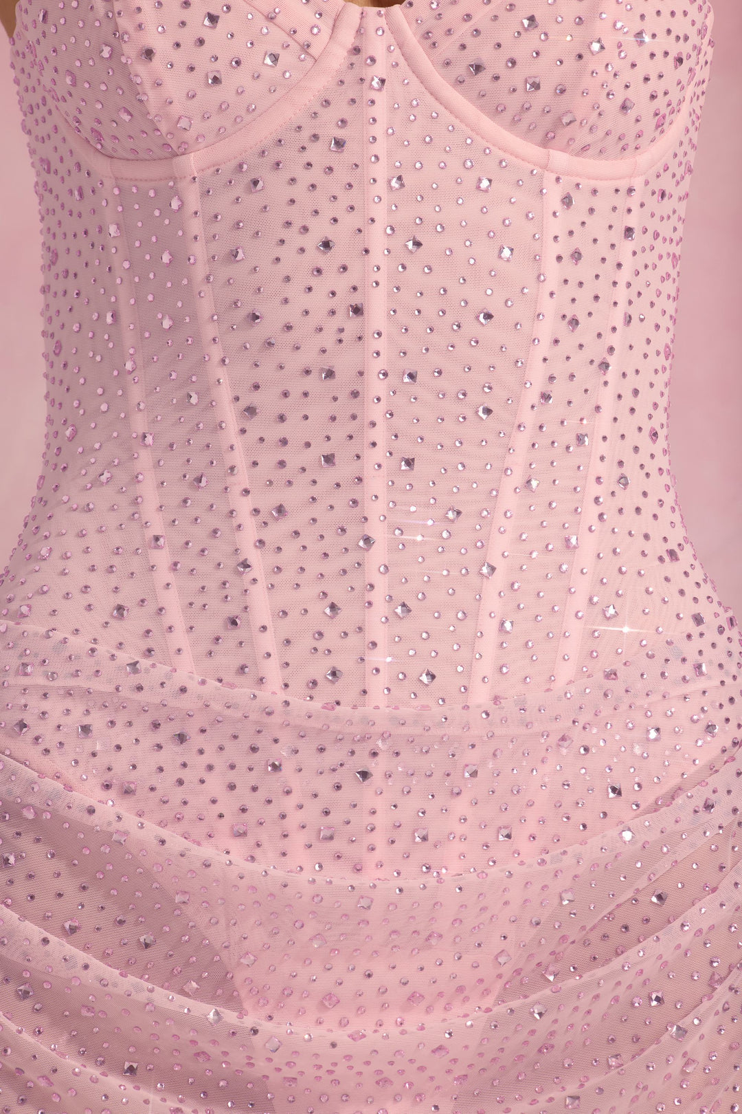 Semi-Sheer Draped Corset Mini Dress with Sparkling Embellishments in Pink