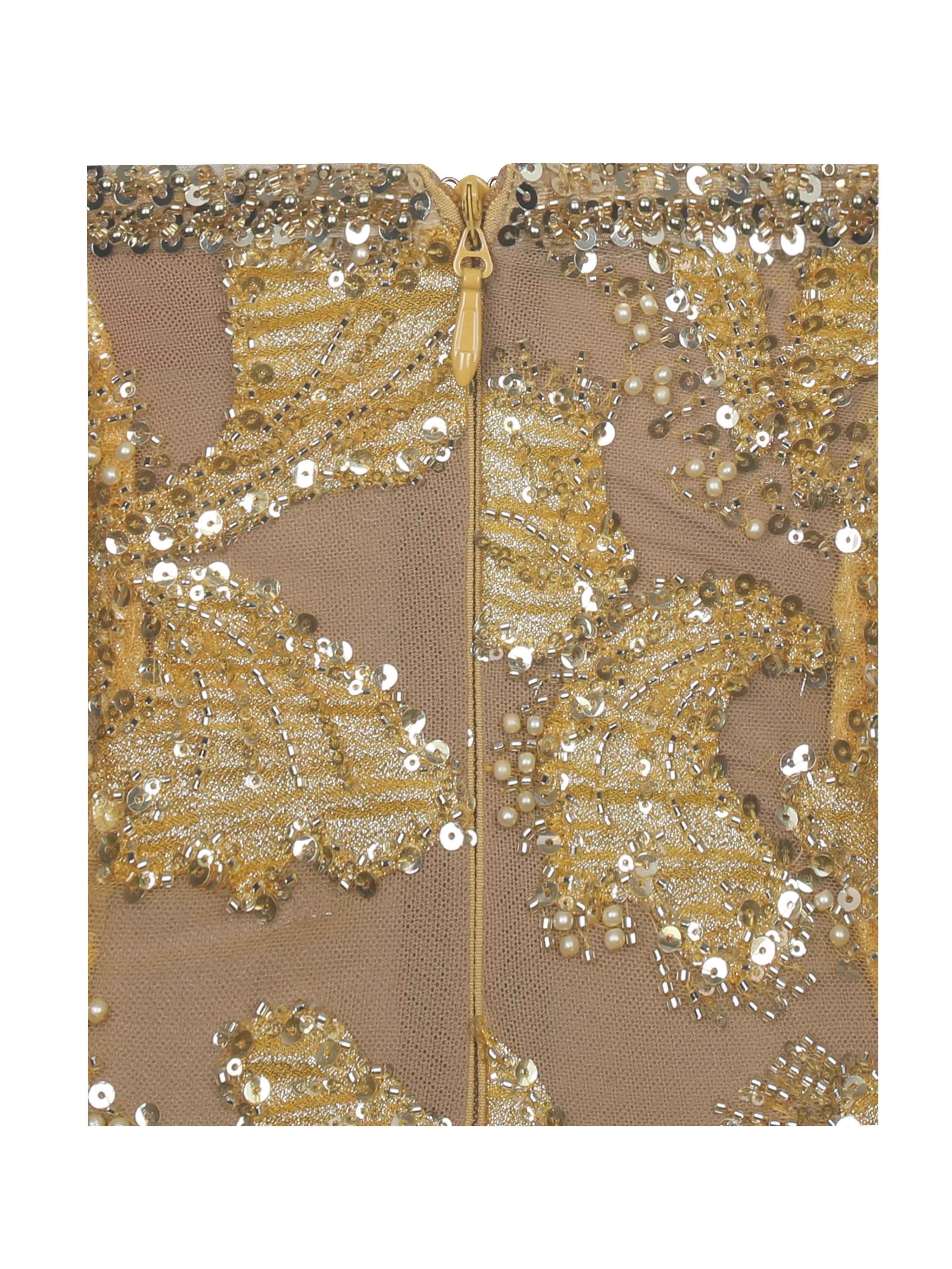 Edie Gold Beaded Sequin Midi Pencil Dress