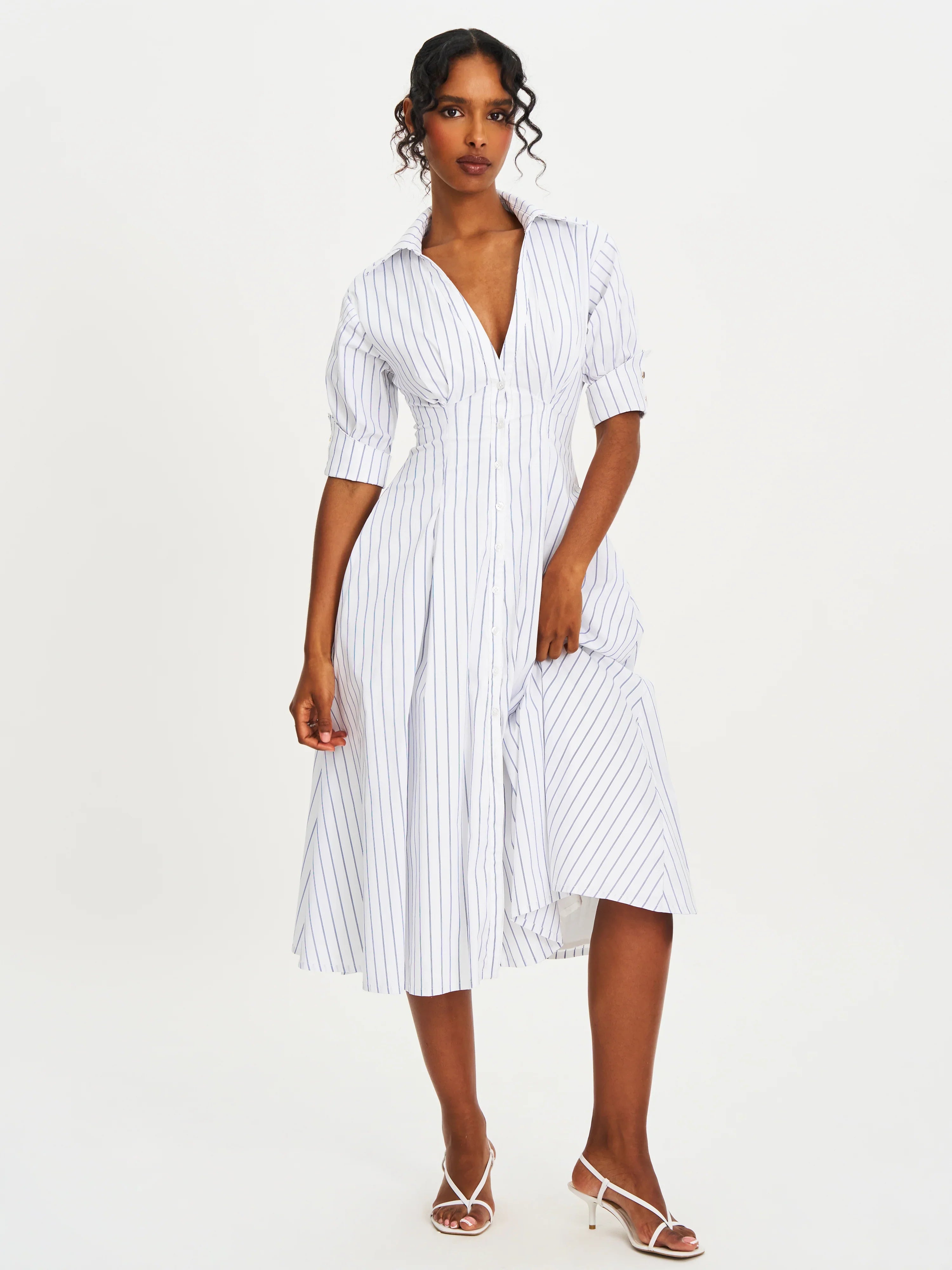Palina Pinstripes Cotton Poplin Pleated Midi Preppy Shirt Dress