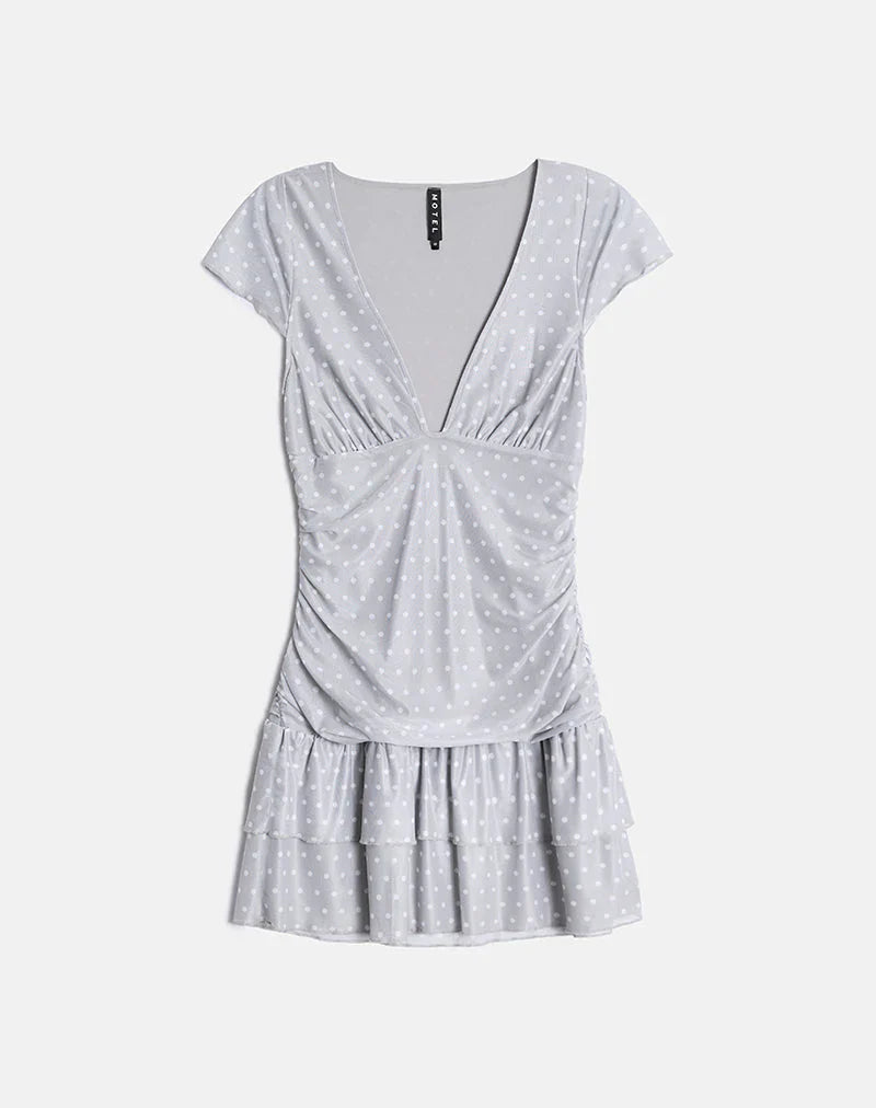 Mowgli Cap Sleeve Mini Dress in Grey with Micro White Polka