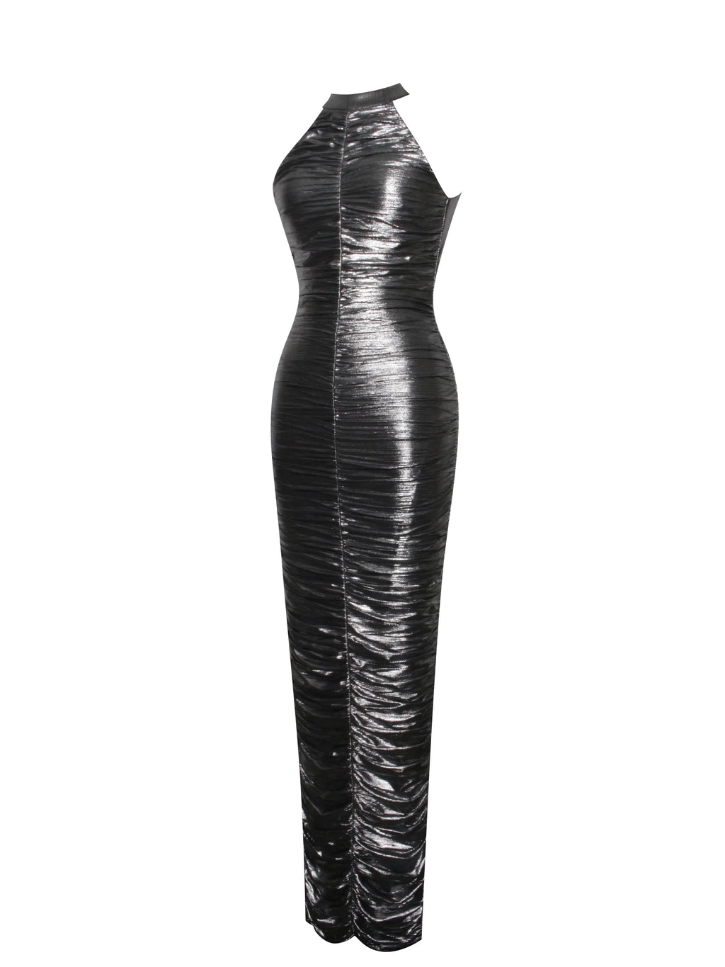 Abril Ruched Silver Glitter Backless Gown