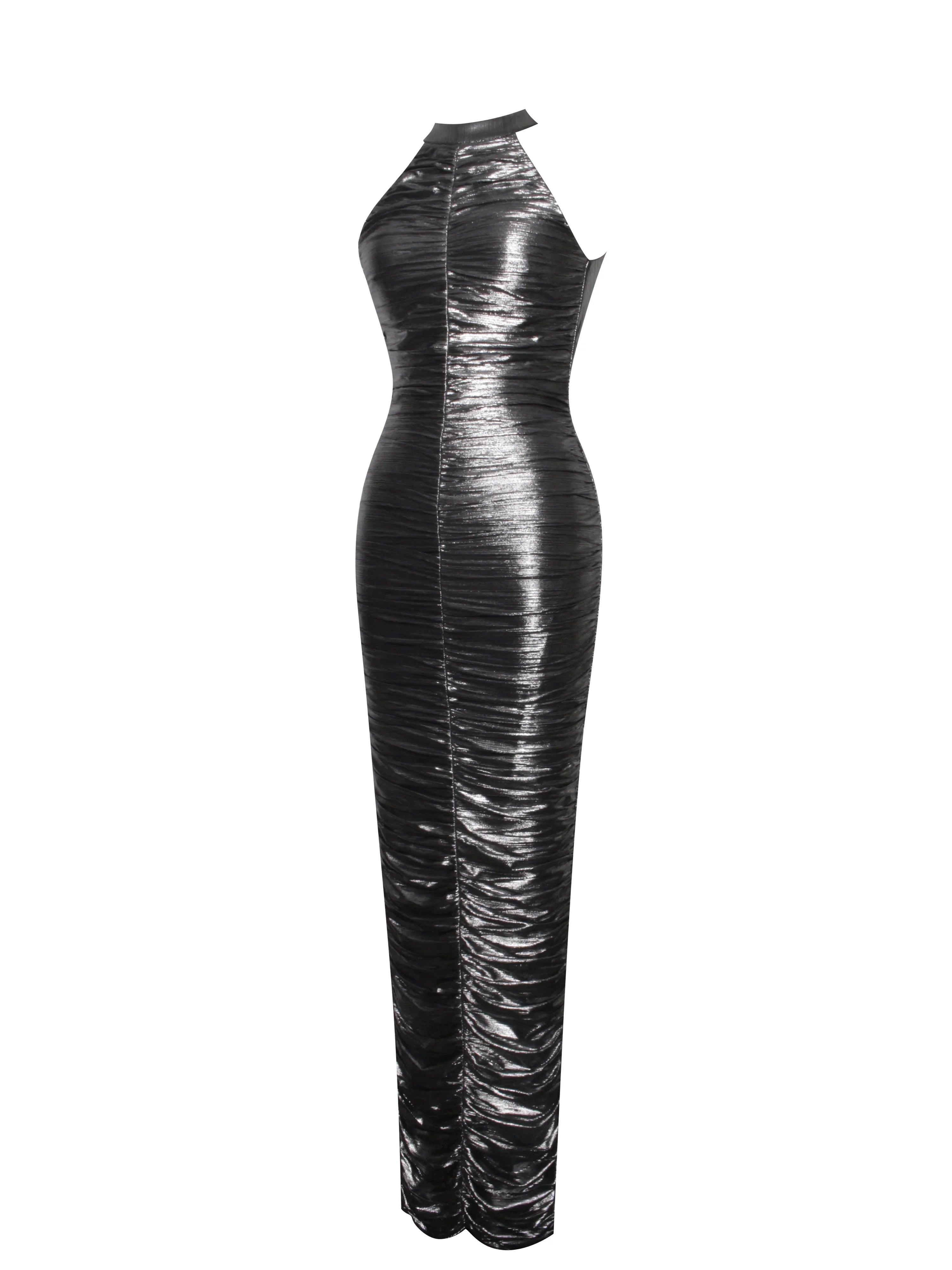 Abril Ruched Silver Glitter Backless Gown