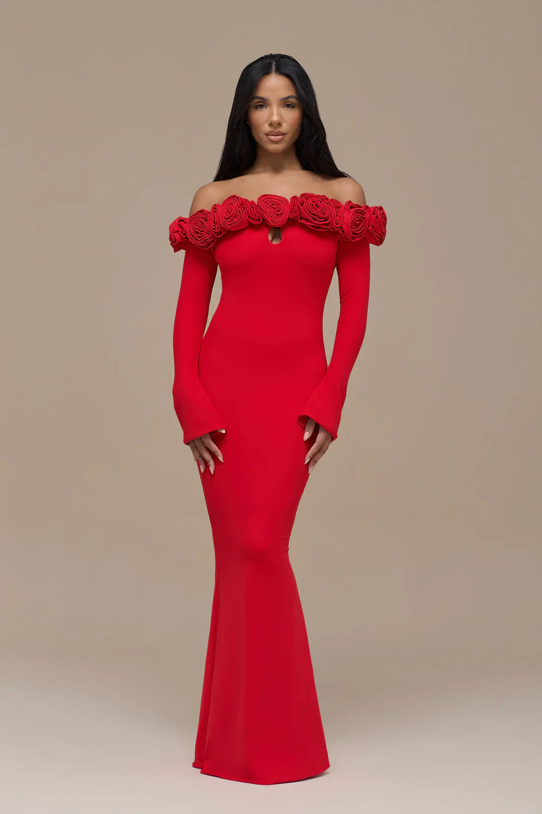 AINSLEIGH BARDOT ROSE MAXI DRESS | RED