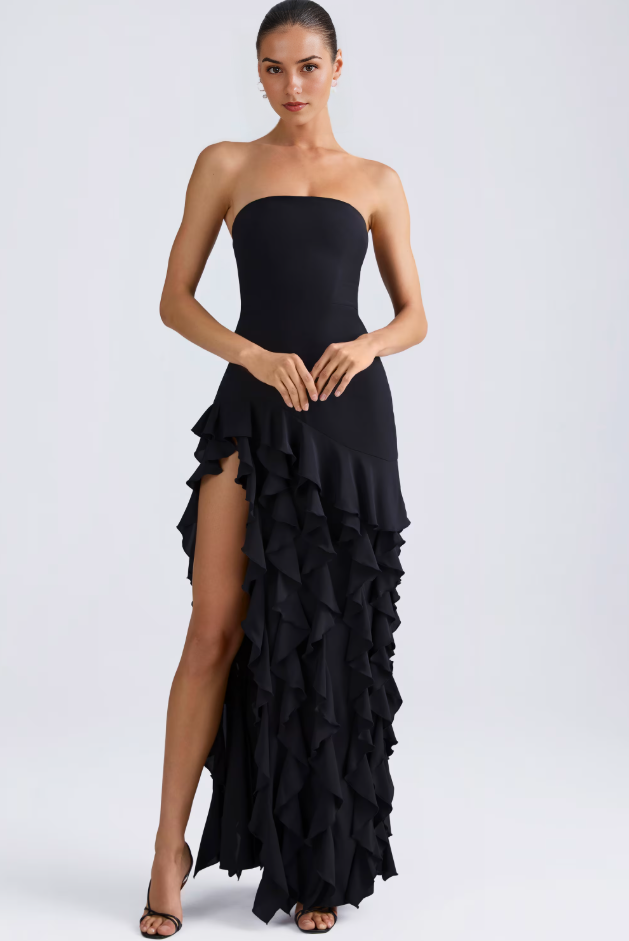 Ruffle-Trim Strapless Gown in Black