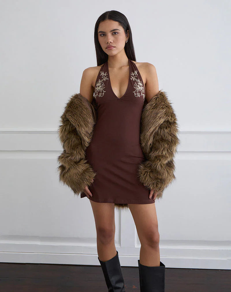 Hepzhi Mini Dress in Bitter Chocolate with Floral Embroidery