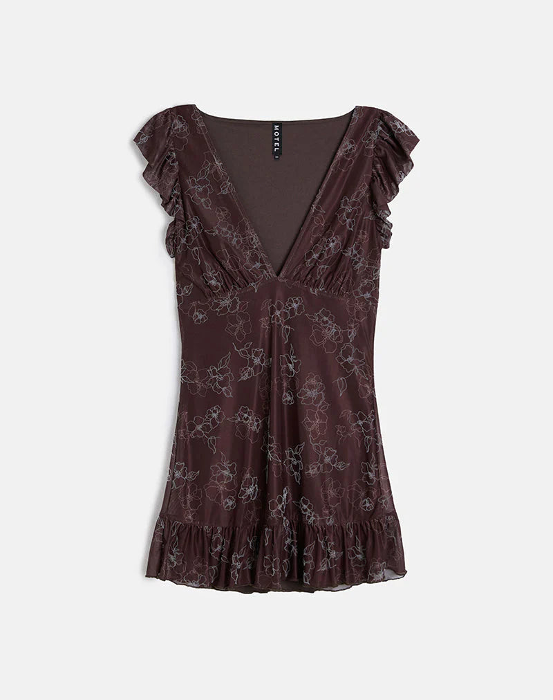 Motarika Mini Dress in Doodle Flower Flock Brown