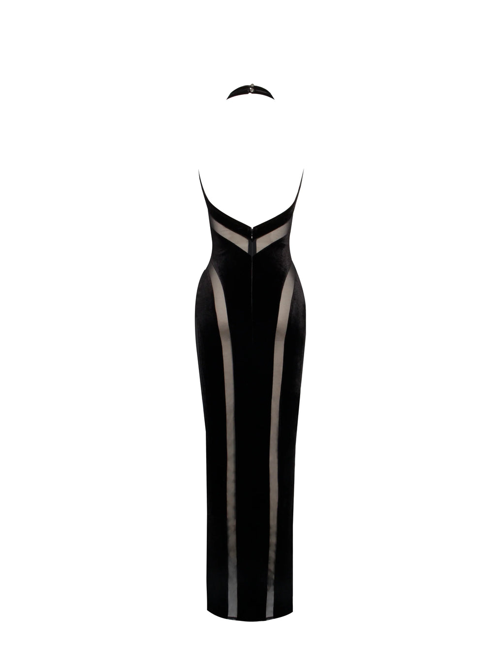 Paityn Black Velvet Mesh Cutout Halter Gown