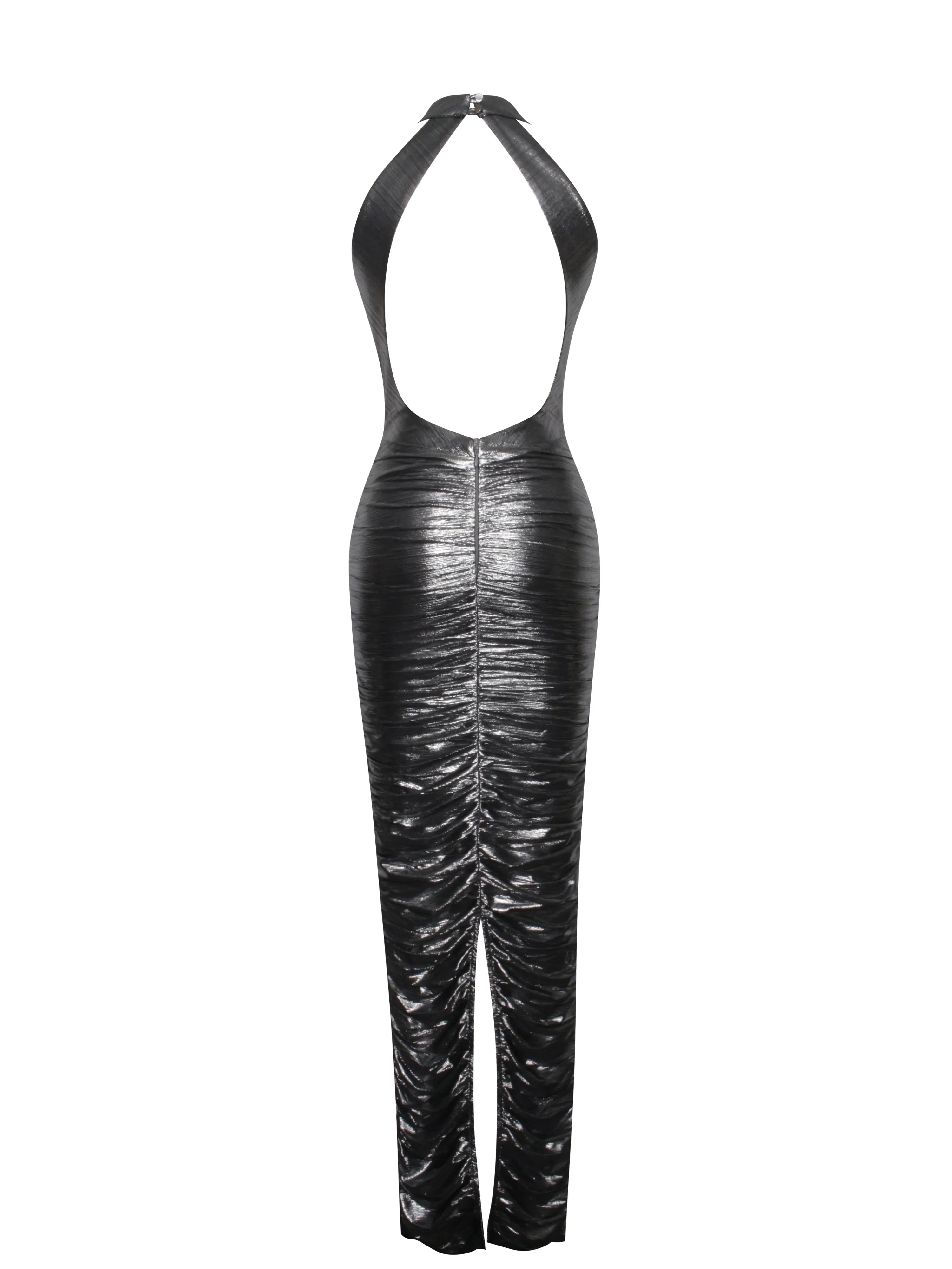 Abril Ruched Silver Glitter Backless Gown
