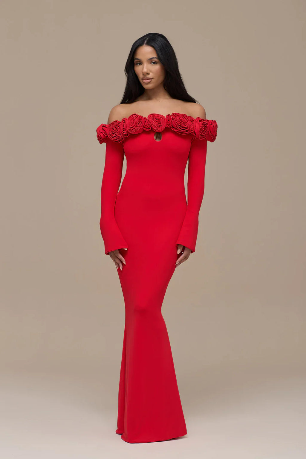 AINSLEIGH BARDOT ROSE MAXI DRESS | RED