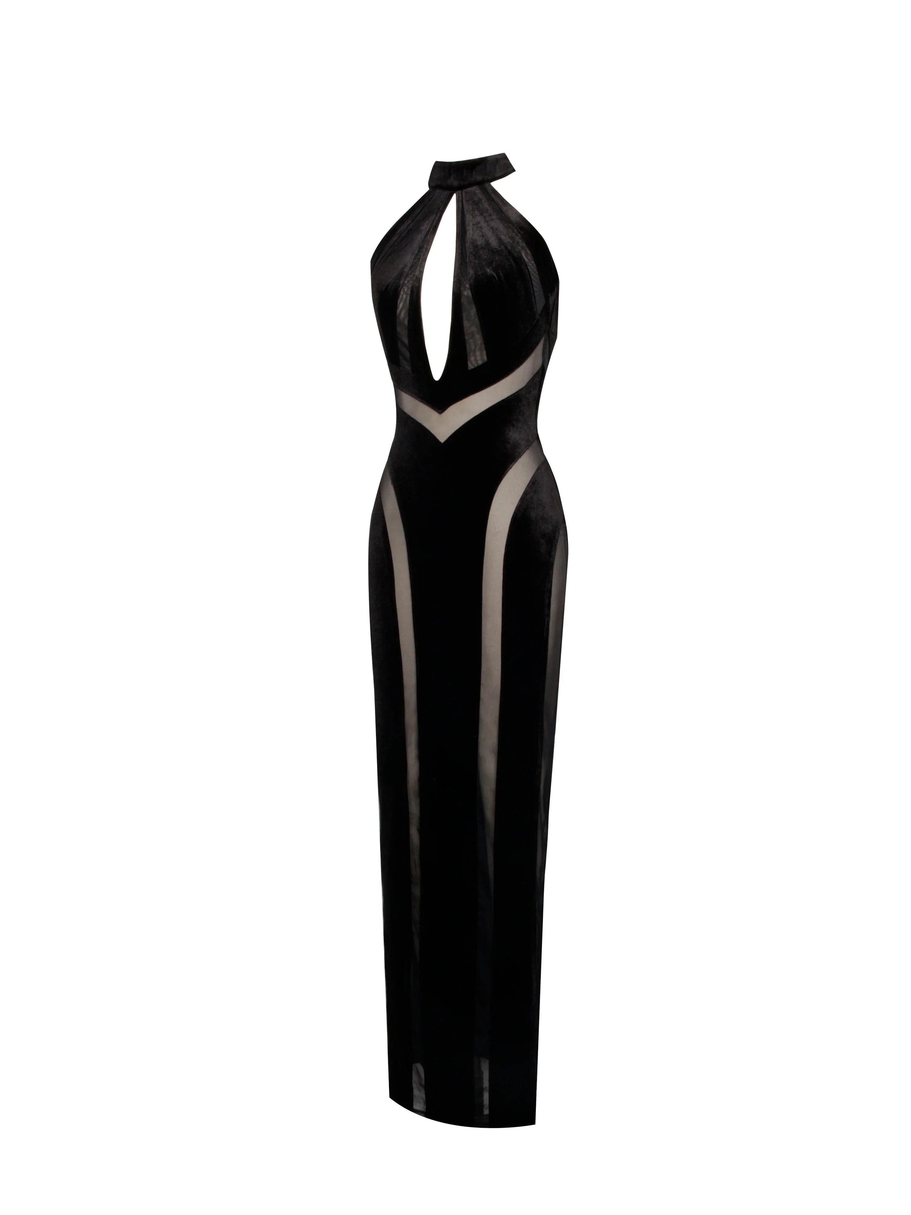 Paityn Black Velvet Mesh Cutout Halter Gown