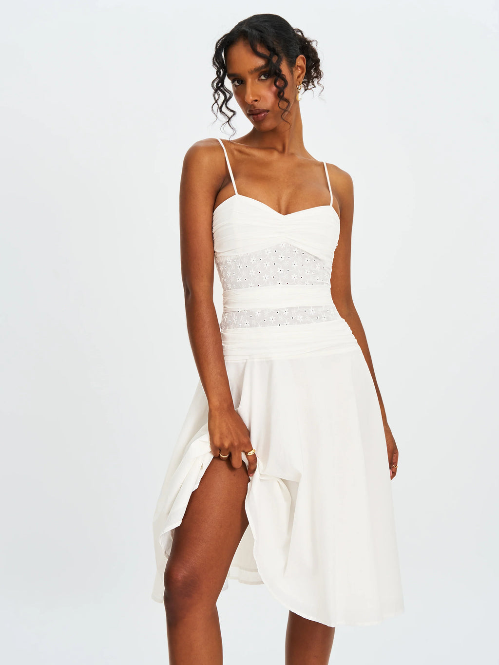Maelis White Eyelet Drop Waist Cotton Midi Dress