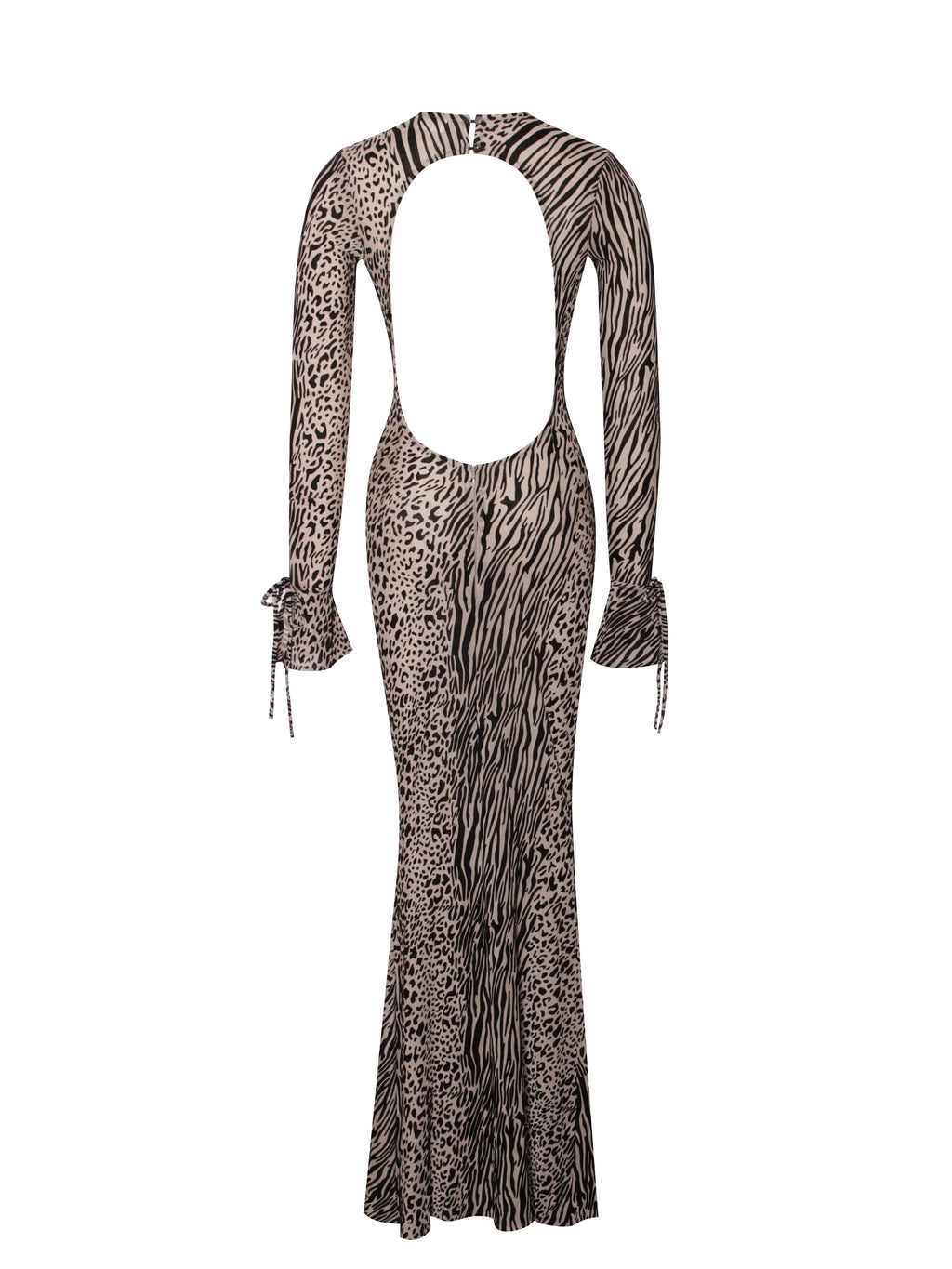 Waylynn Nude Black Animal Print Burnout Velvet Detail Mesh Backless Maxi Dress