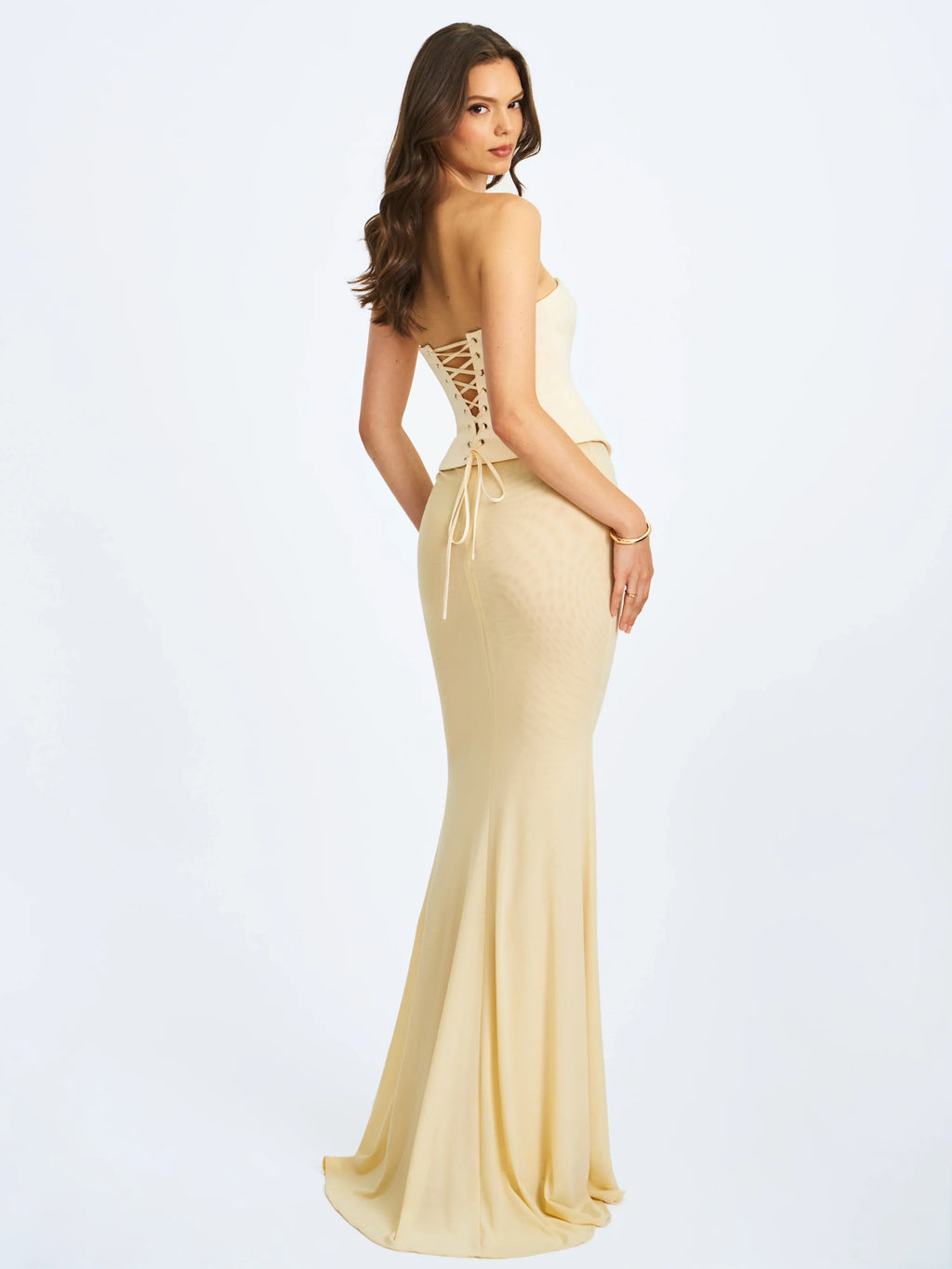 Adelina Butter Yellow Peplum Mermaid Gown with Lace-up Back