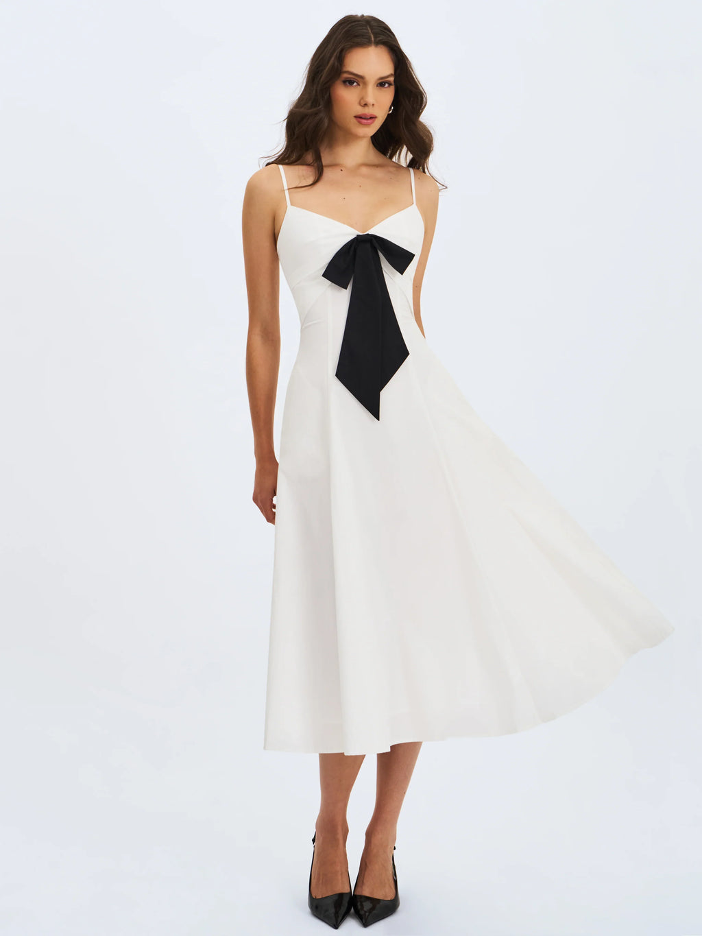 Corinne White Poplin Flared Maxi Dress with Removable Bow