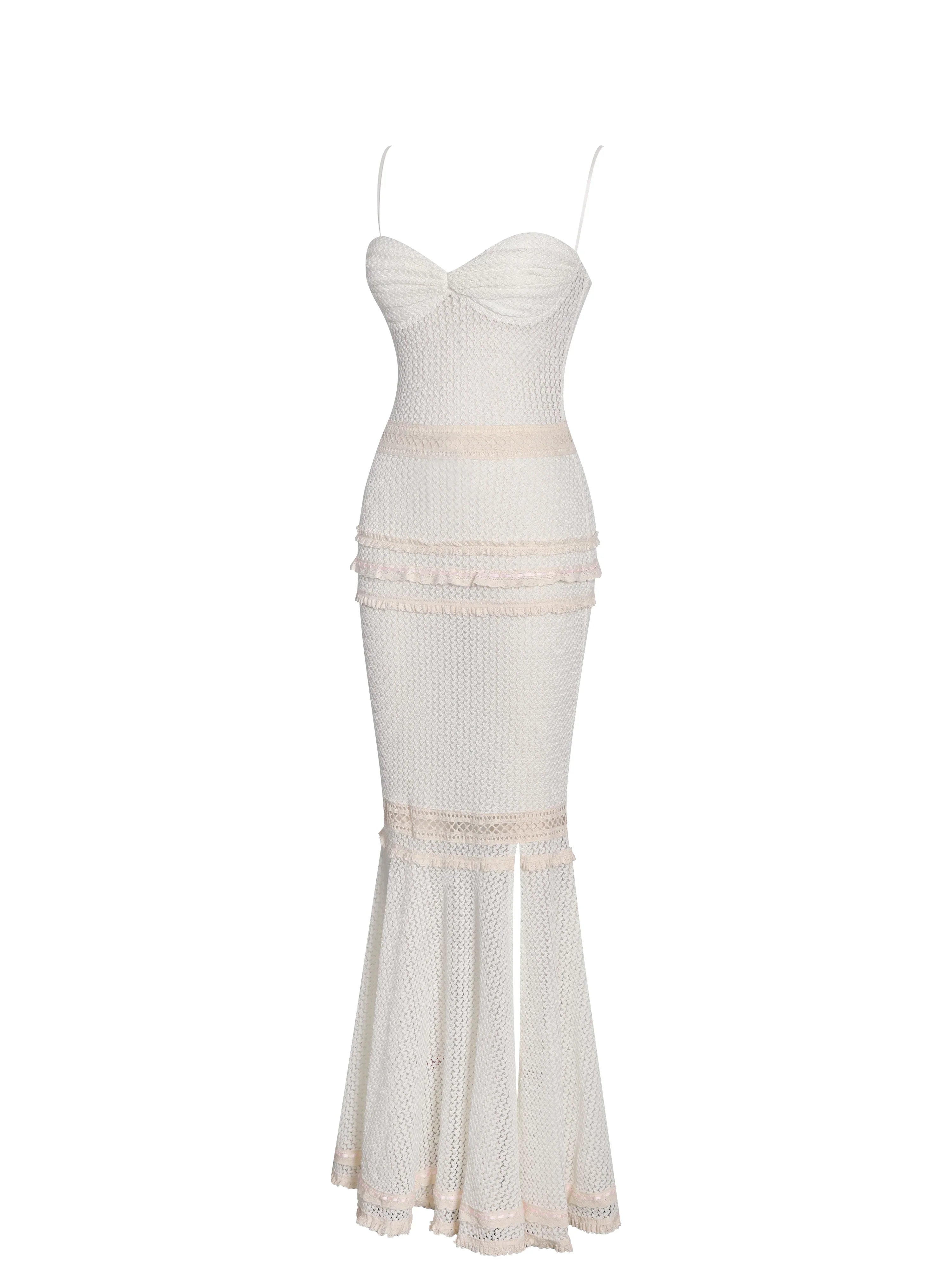 Pallas Beige Lace Trim Crochet Mermaid Maxi Dress