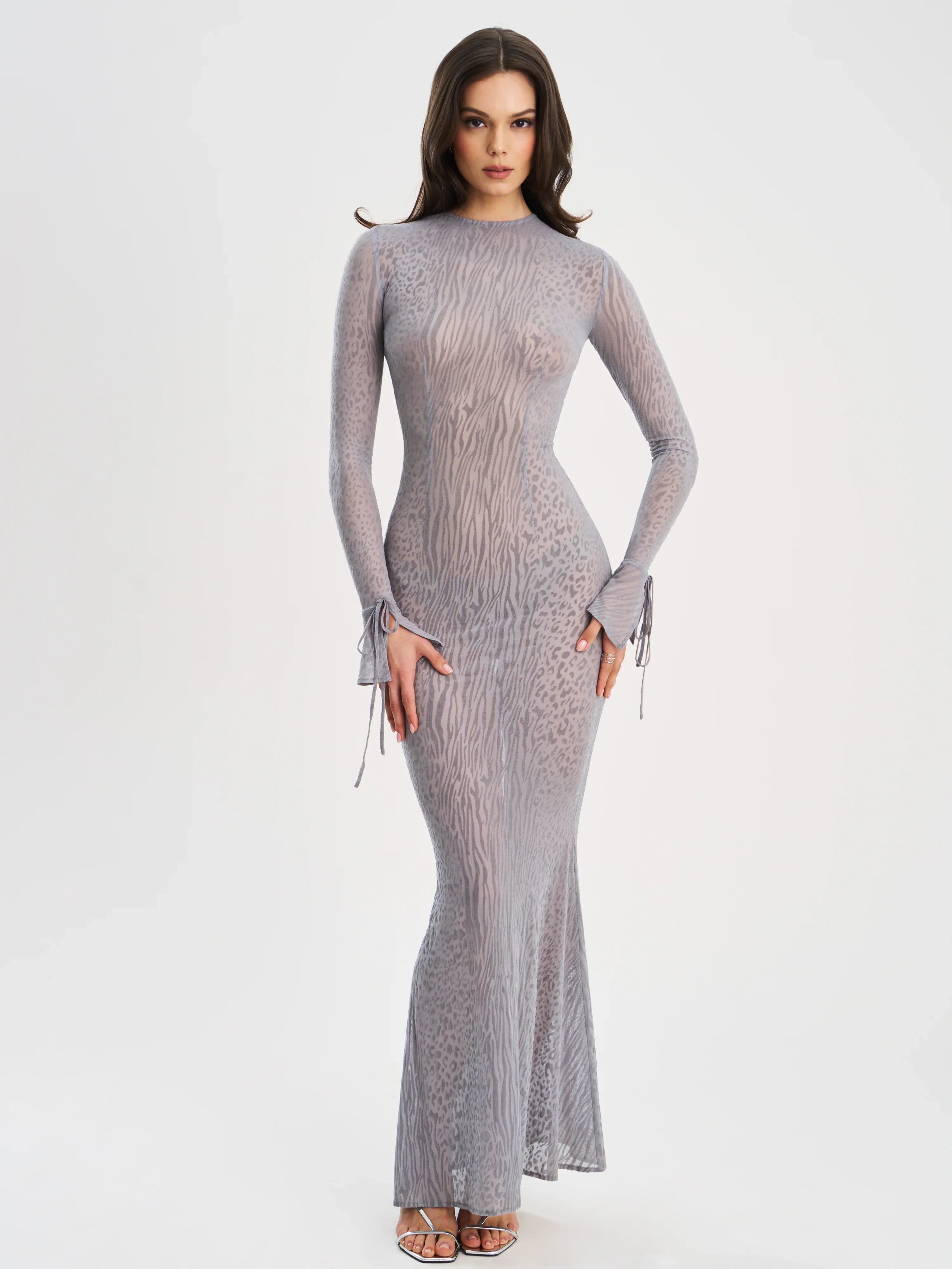 Waylynn Gray Animal Print Burnout Velvet Detail Mesh Backless Maxi Dress