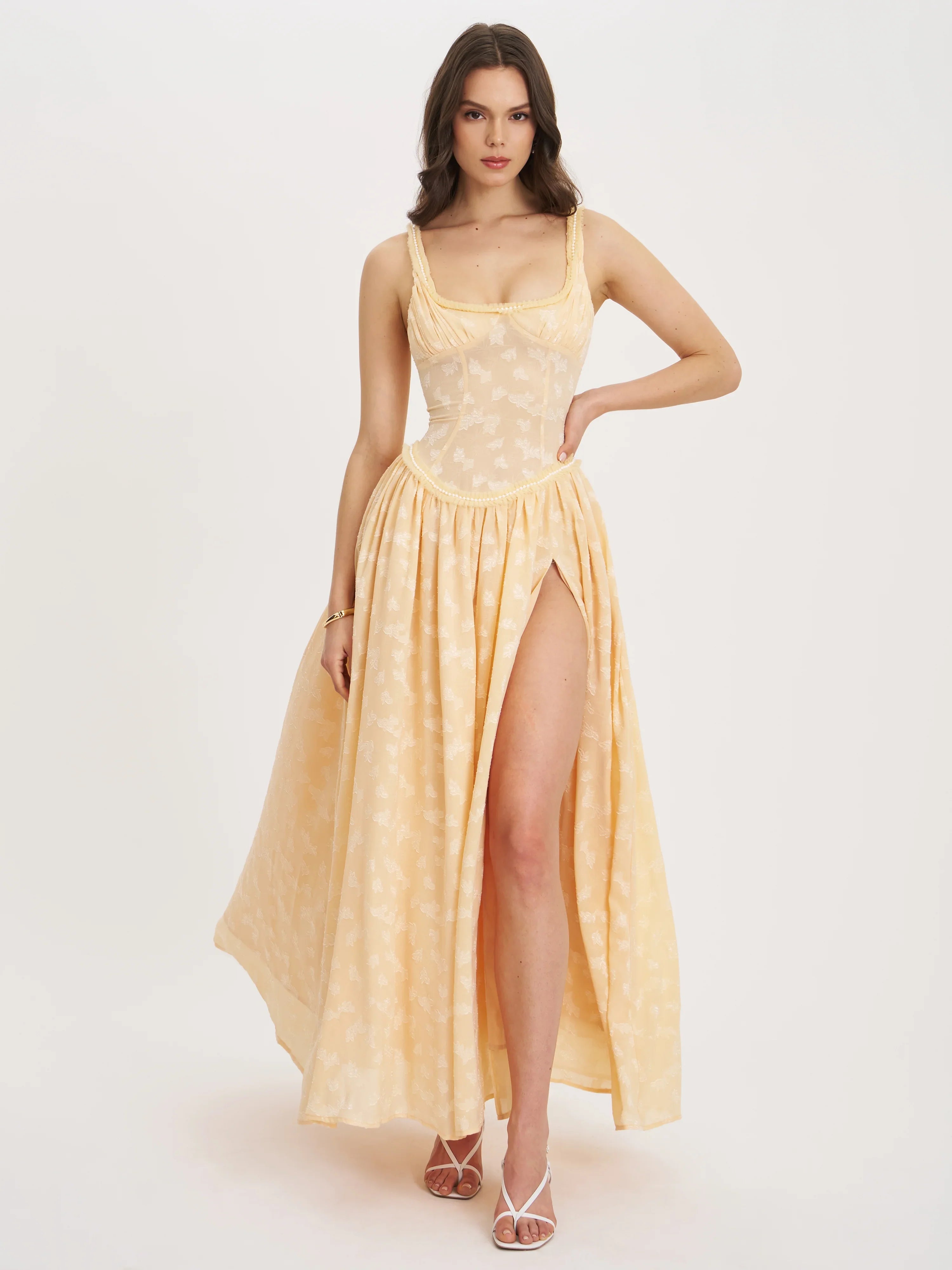 Ulissa Orange Square Neck Jacquard Textured High Slit Maxi Dress