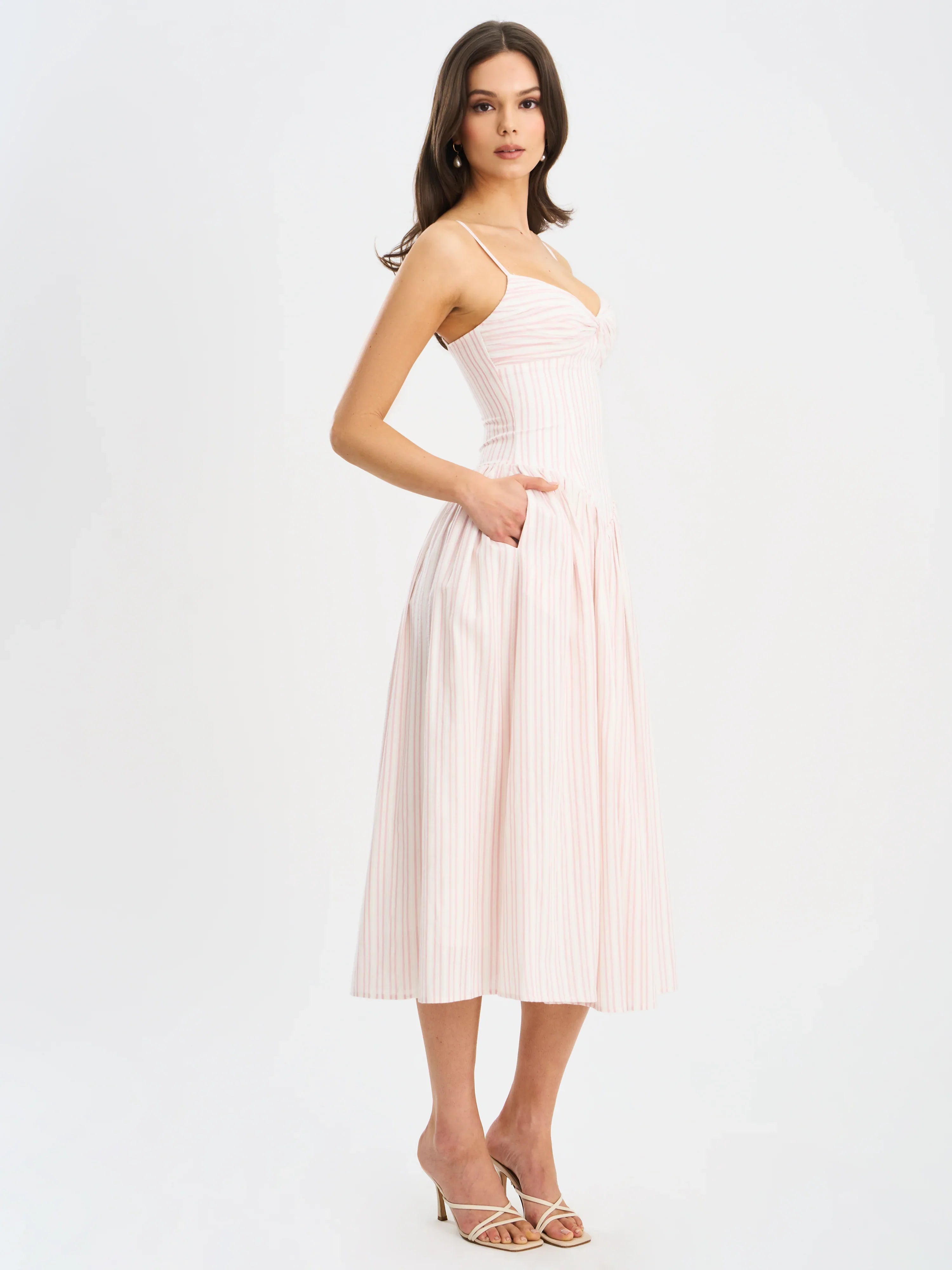 Zania Pink Stripe Ruched Breast Cotton Jacquard Midi Dress