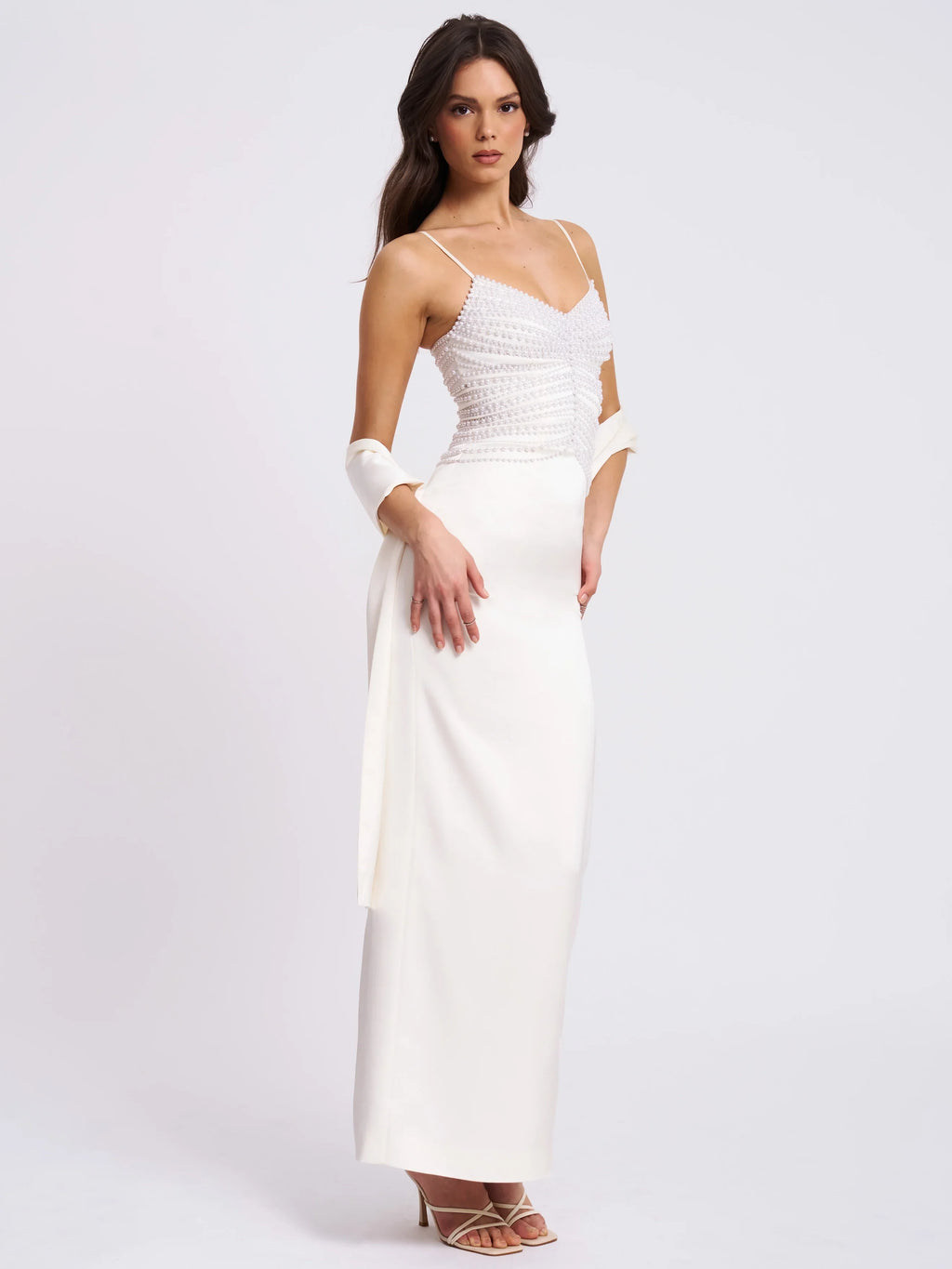 Karmen Pearl Top Pencil Slip Gown with Scarf