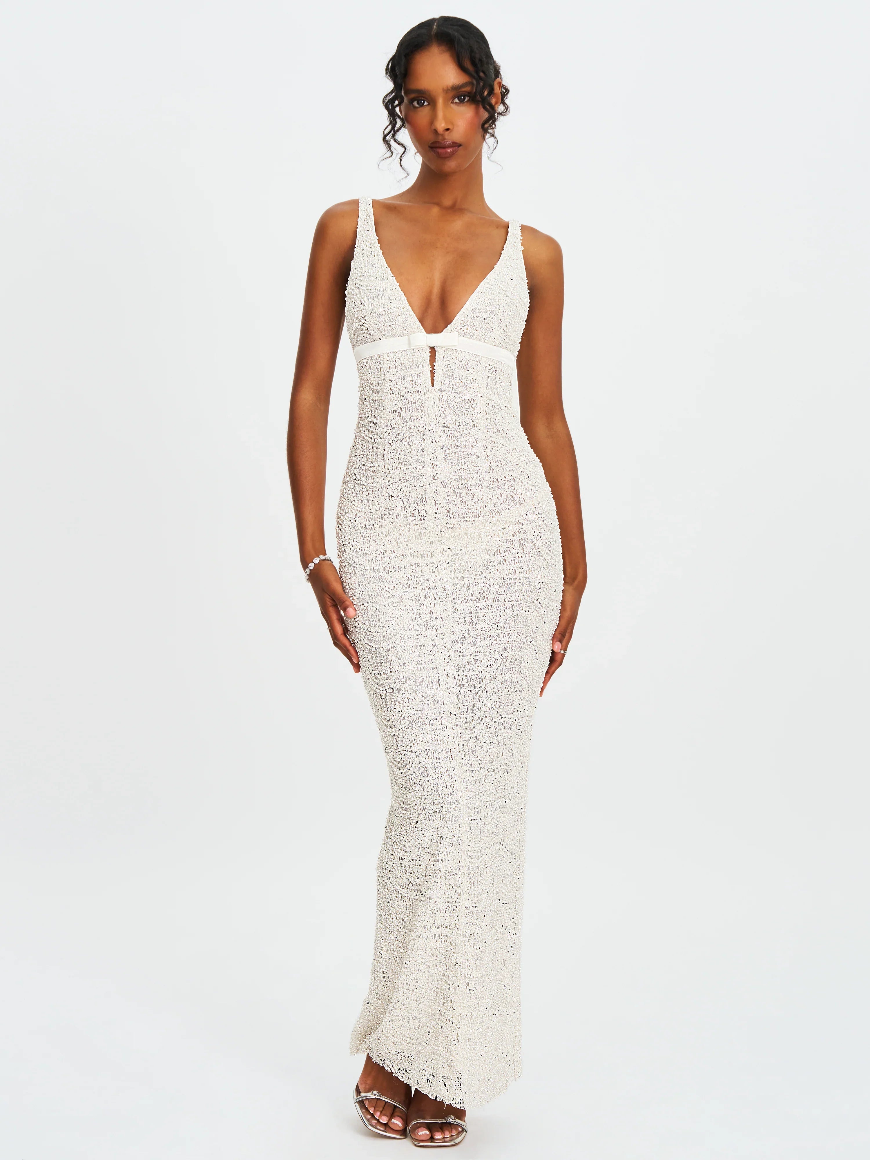 Adelaide White Beaded Sequin Net Bodycon Gown