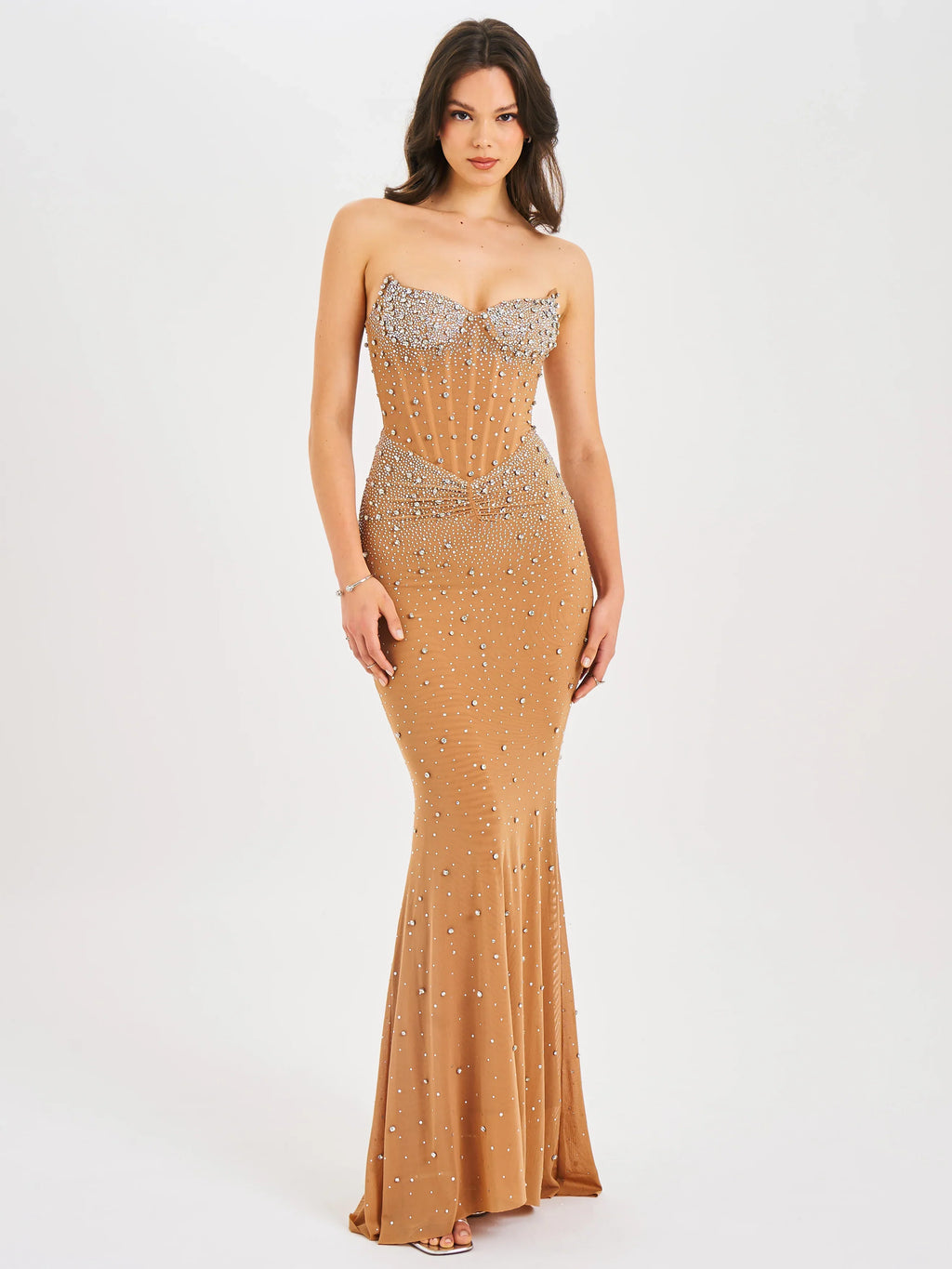 Fatima Nude Crystal Sleeveless Corset Mermaid Maxi Dress