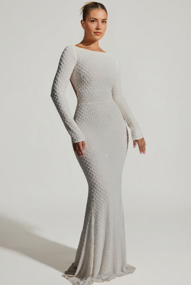 Embellished Open-Back Gown in White
