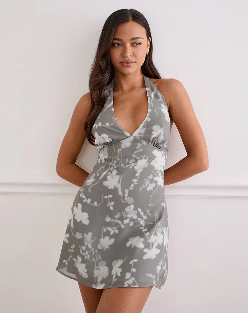 Liri Halterneck Mini Dress in Blurred Floral Grey