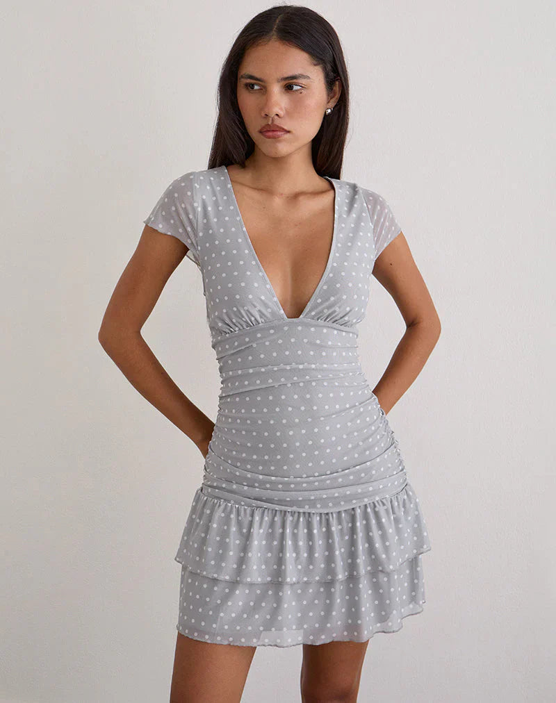 Mowgli Cap Sleeve Mini Dress in Grey with Micro White Polka