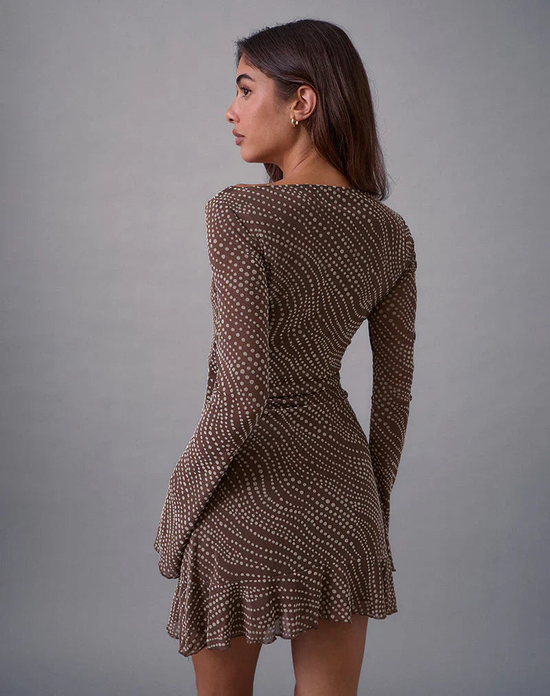 Sumiko Mini Dress in Abstract Polka Flock Brown