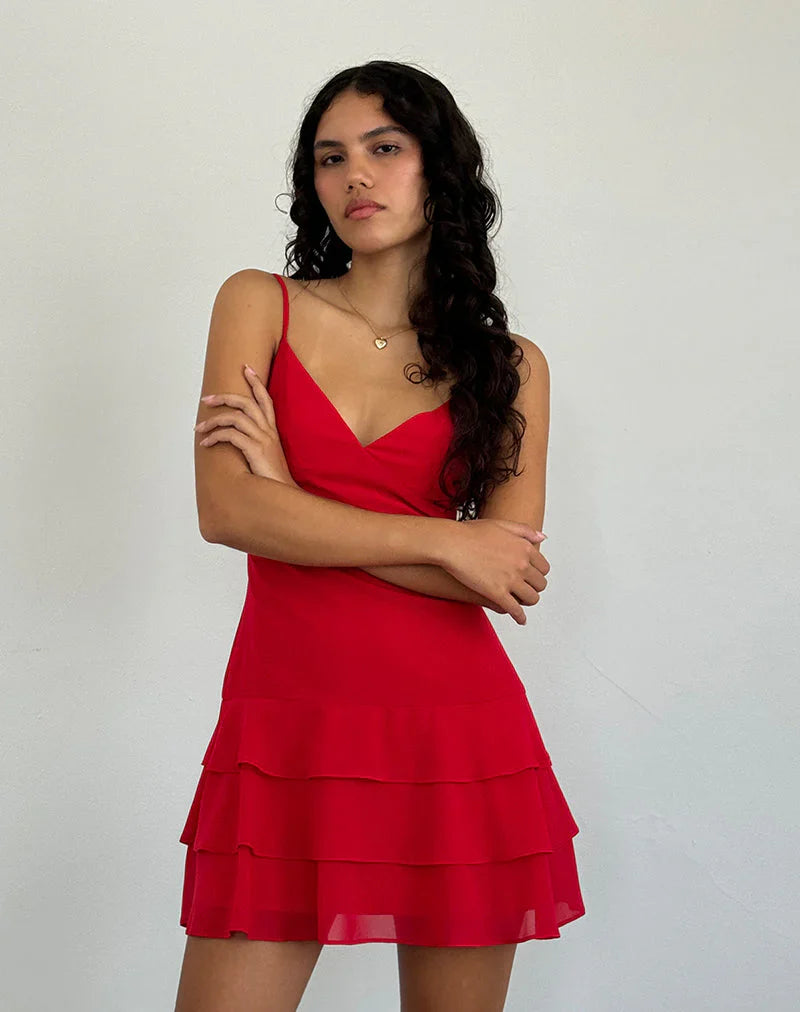 Riasi Ruffle Mini Dress in Chiffon Red