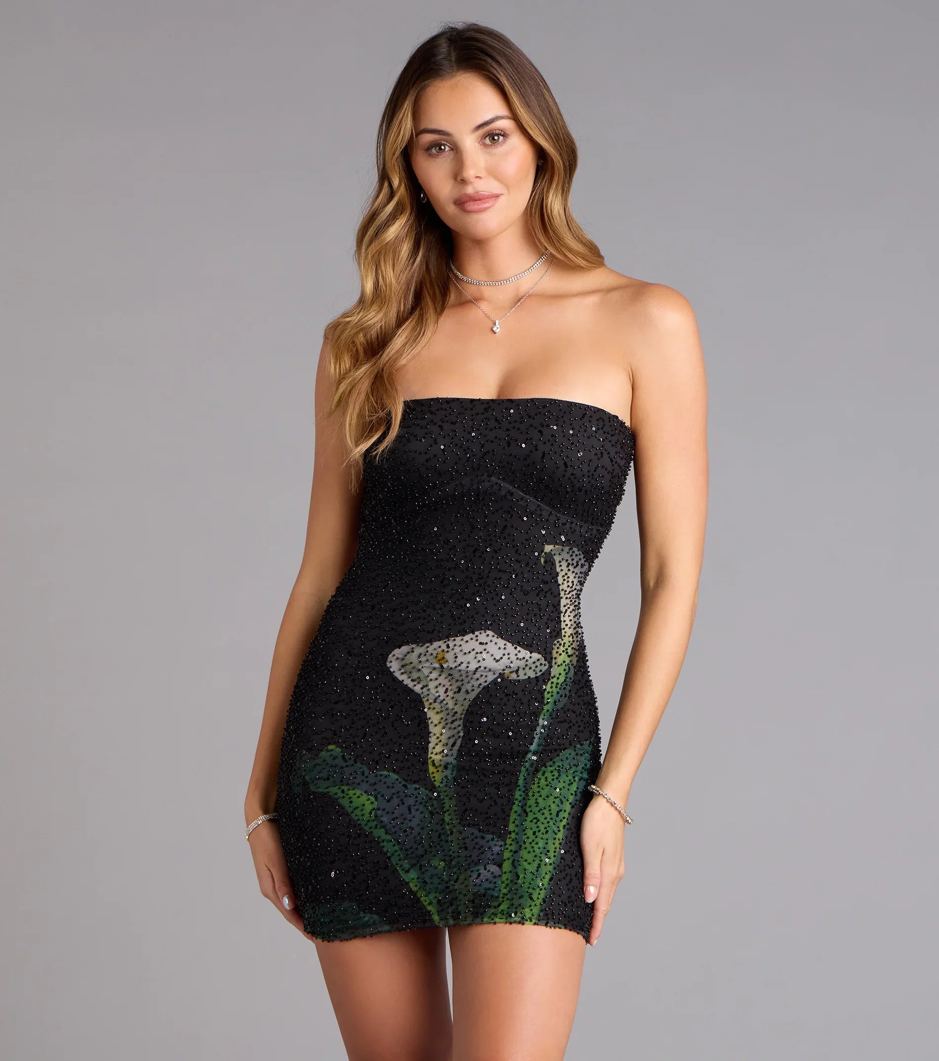 Daniela Floral Beaded Mini Tube Dress