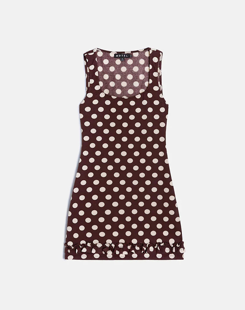 Vadora Frill Hem Mini Dress in Brown with Big Polka Cream