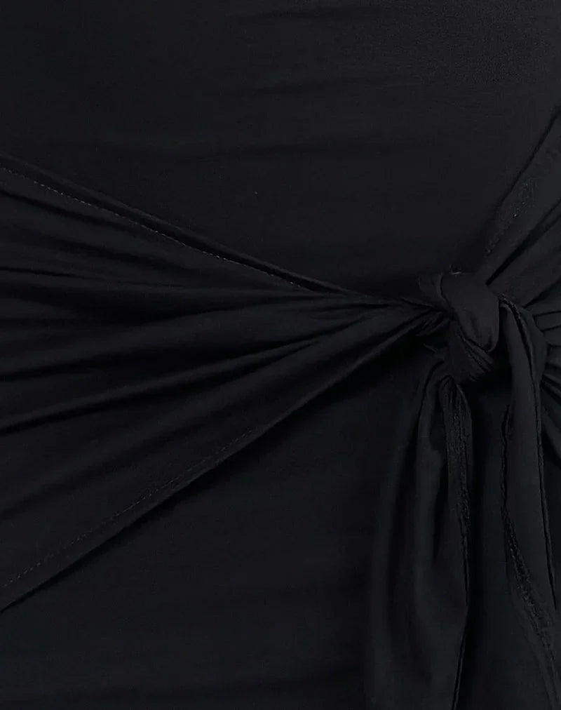 Hikira Plunge Mini Dress in Black with Tie Belt