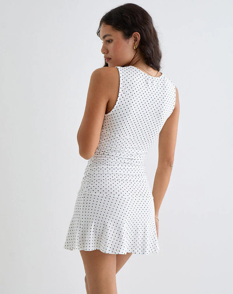 Luscian Plunge Mini Dress in White with Micro Polka Black