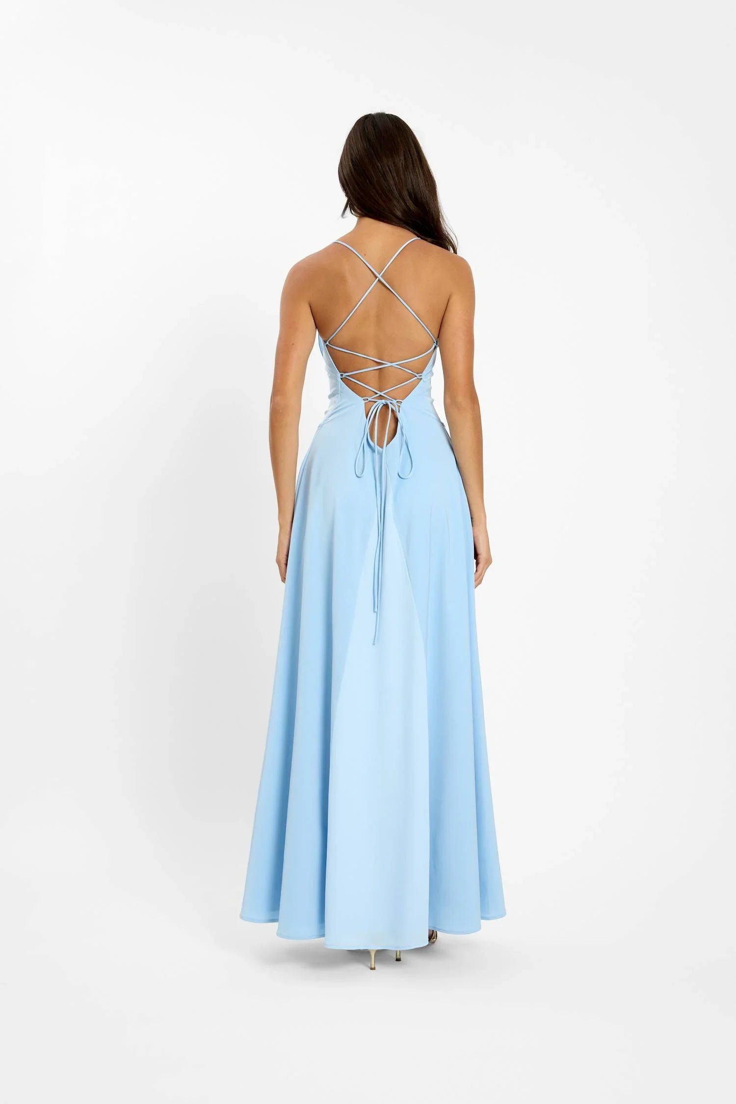 Pre-order: Frill Backless Maxi Dress | Baby Blue Satin