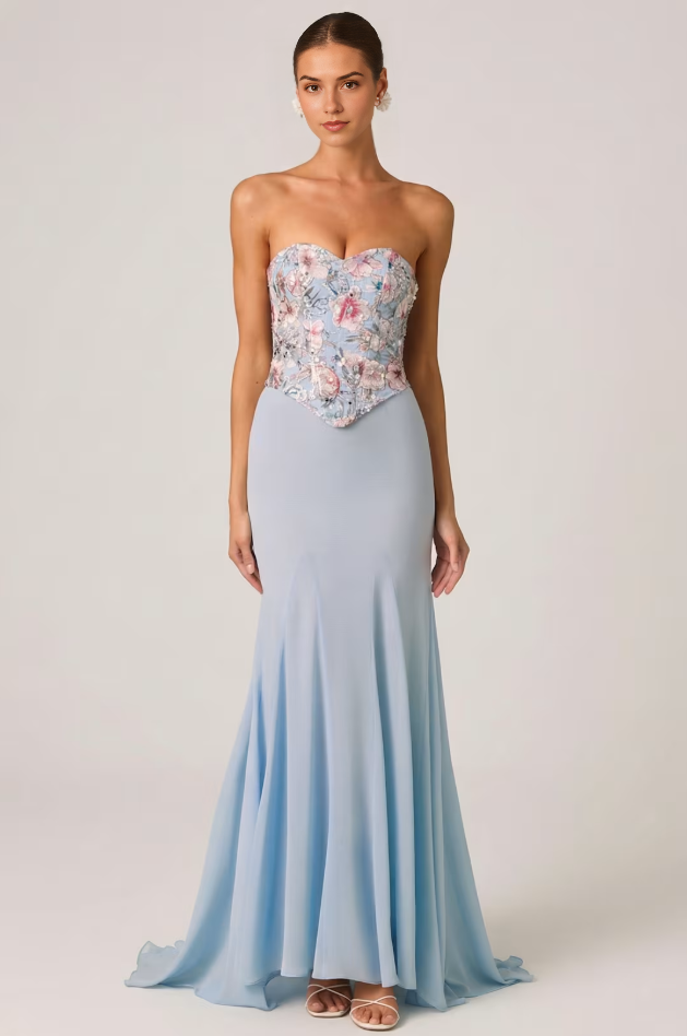 Embellished Corset Fishtail Gown in Floral Blue