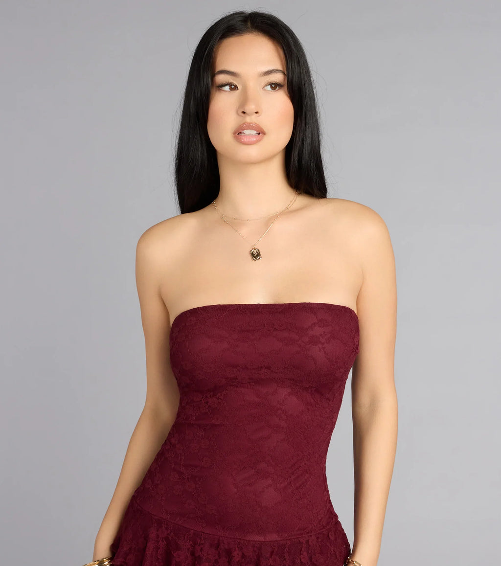 Flirt First Strapless Lace Tiered Mini Dress