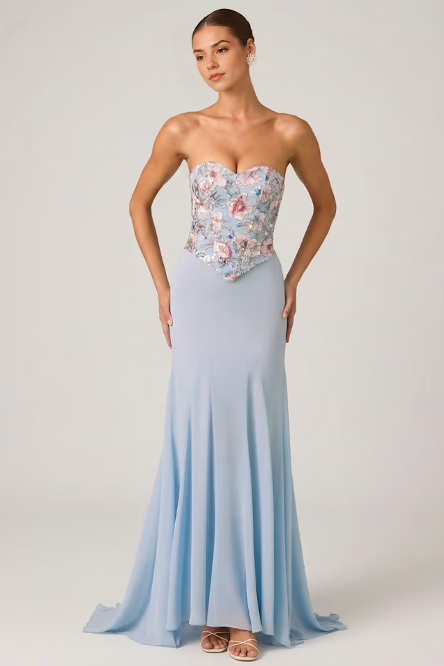 Embellished Corset Fishtail Gown in Floral Blue