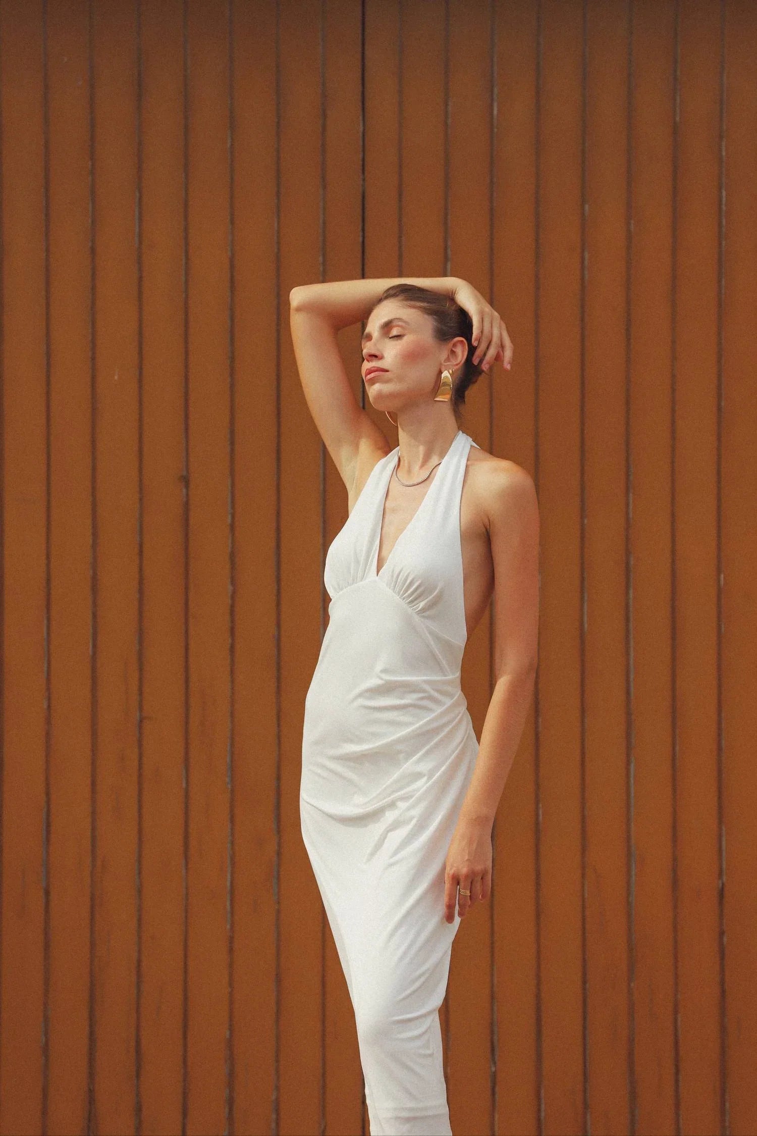 Pleated Backless Halter Dress | White